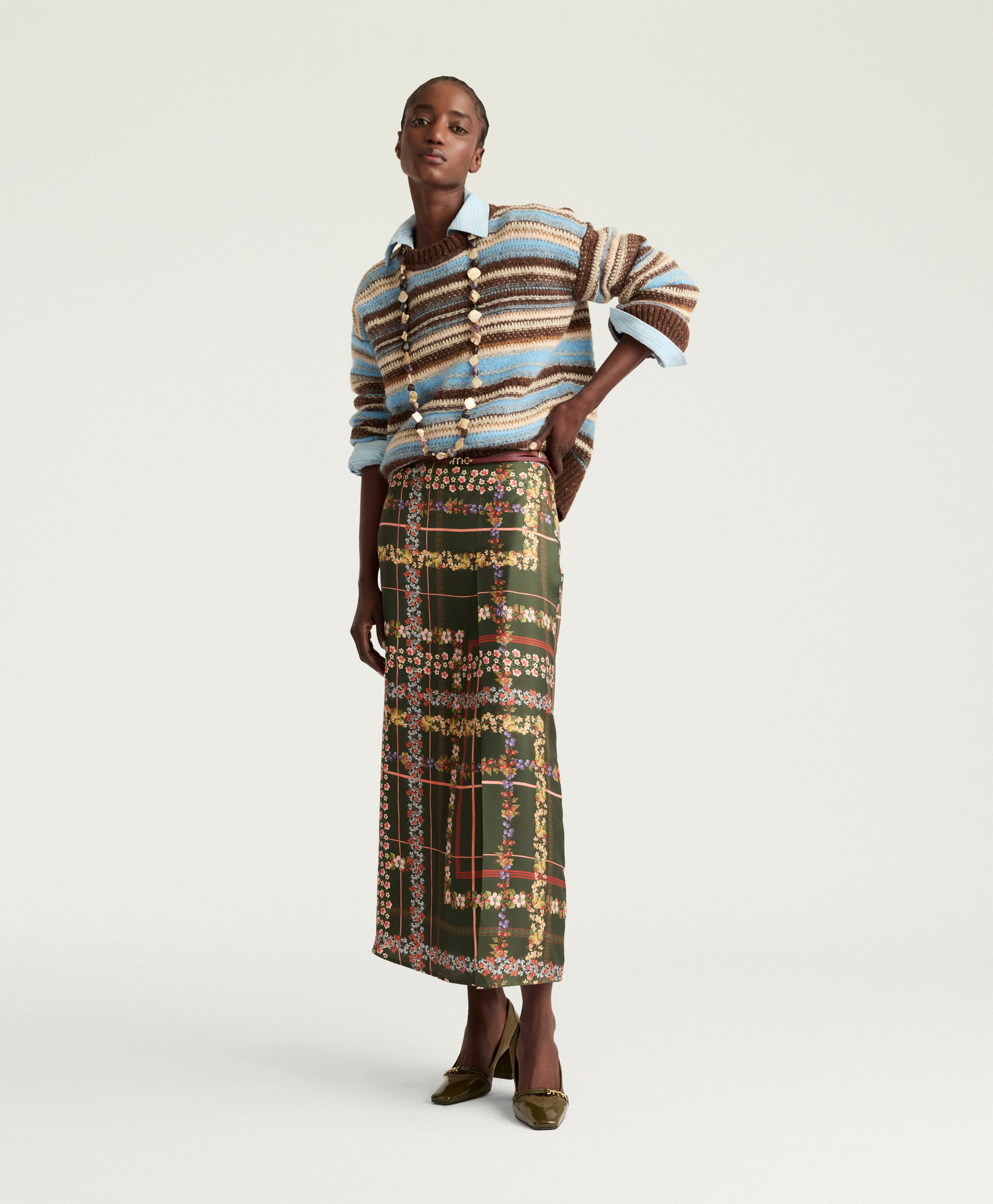 CHAI SKIRT IN PRINTED SILK TWILL - DARK GREEN MULTICOLOR - Momonì