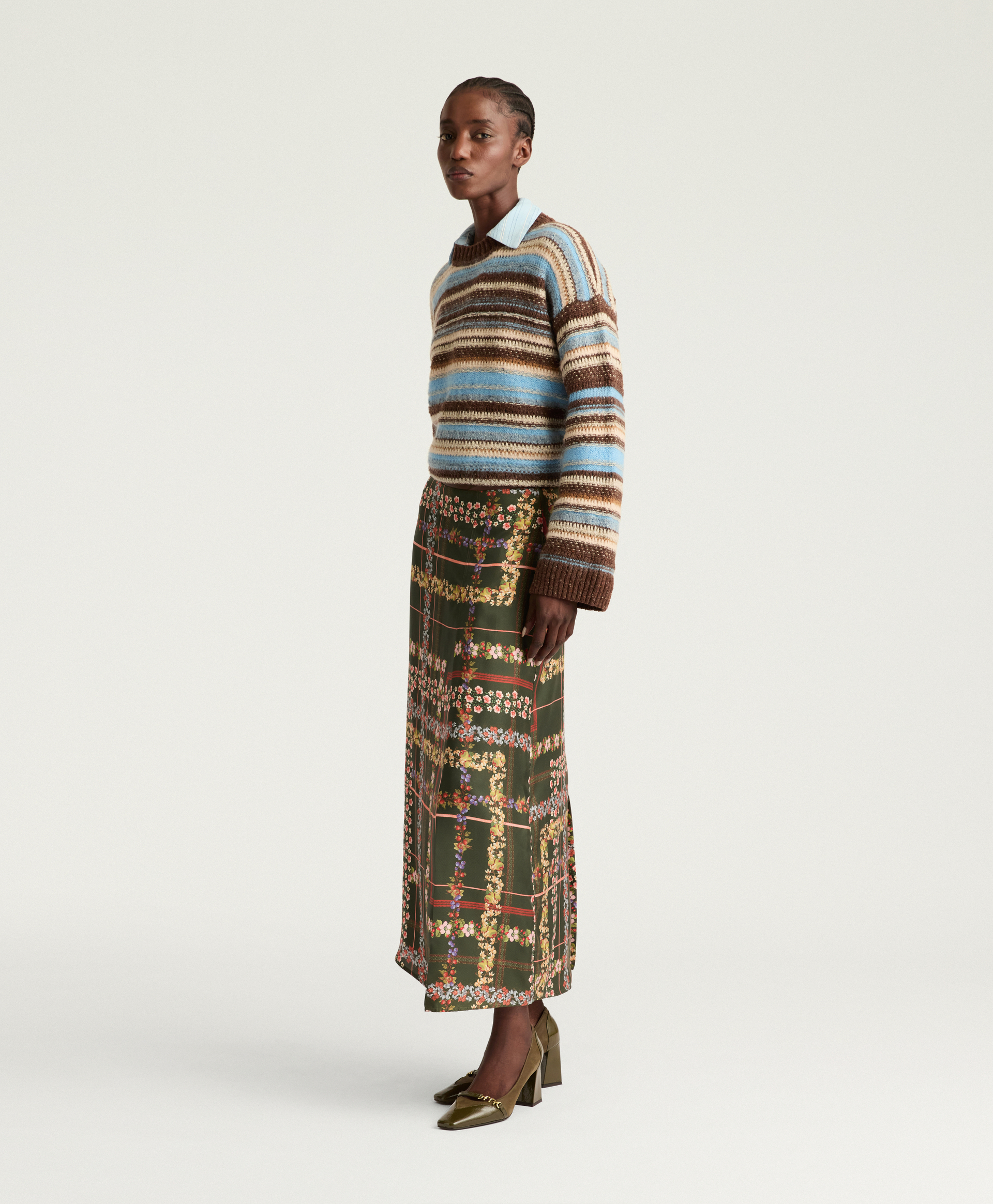 CHAI SKIRT IN PRINTED SILK TWILL - DARK GREEN MULTICOLOR - Momonì
