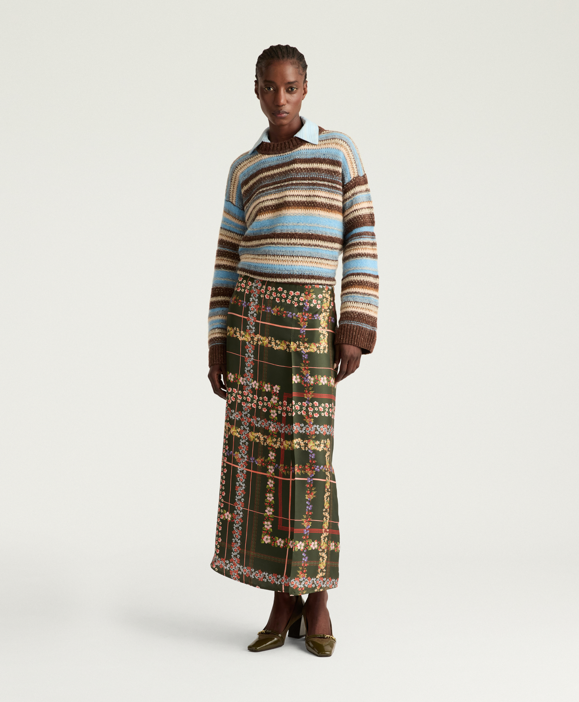CHAI SKIRT IN PRINTED SILK TWILL - DARK GREEN MULTICOLOR - Momonì