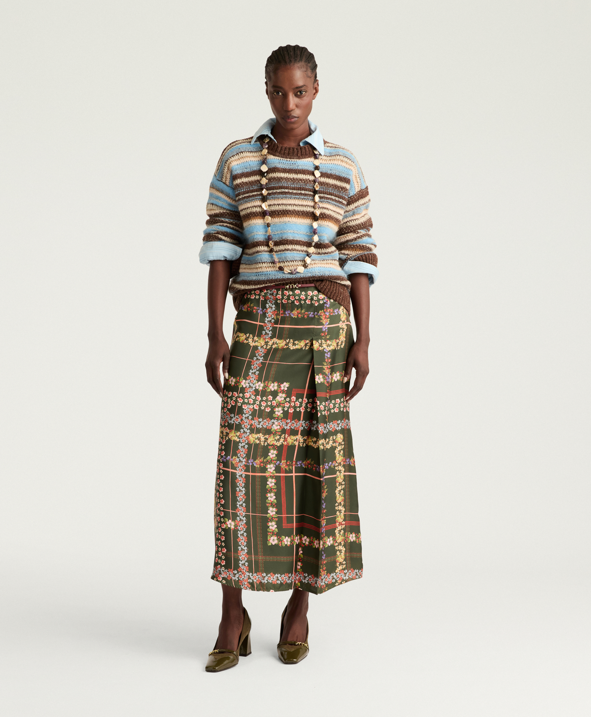 CHAI SKIRT IN PRINTED SILK TWILL - DARK GREEN MULTICOLOR - Momonì