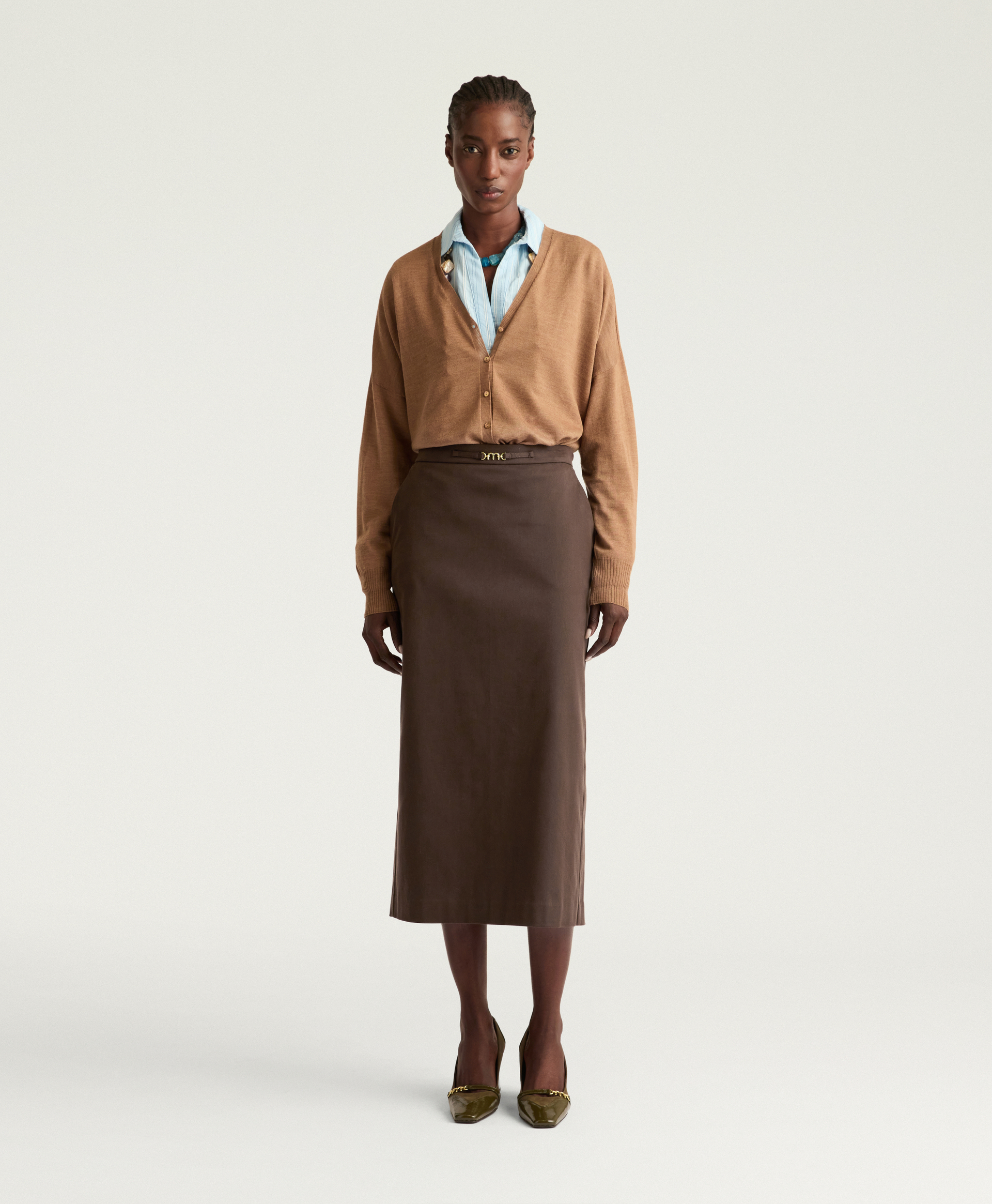 PERCY SKIRT IN STRETCH GABARDINE - DARK BROWN - Momonì