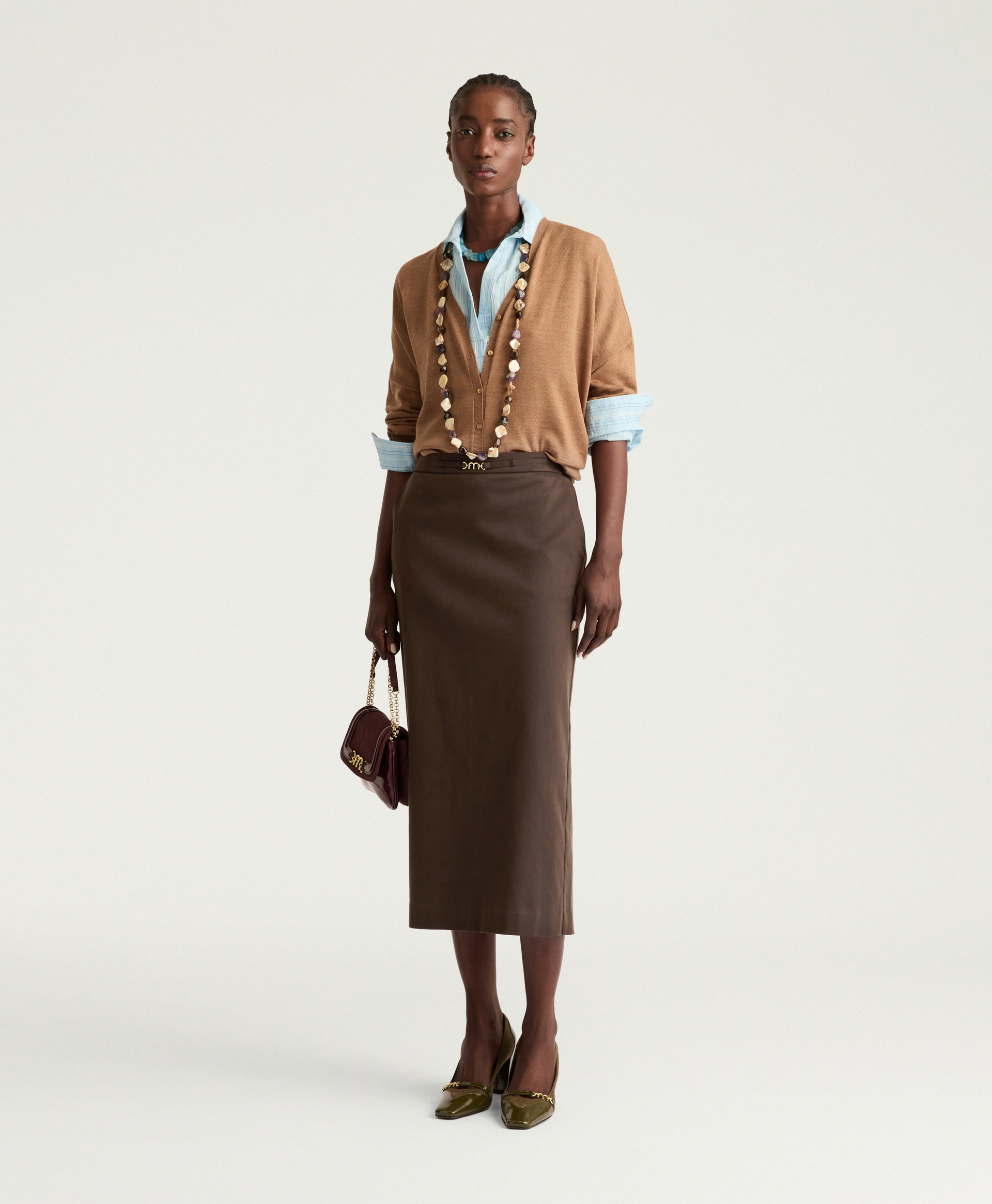PERCY SKIRT IN STRETCH GABARDINE - DARK BROWN - Momonì