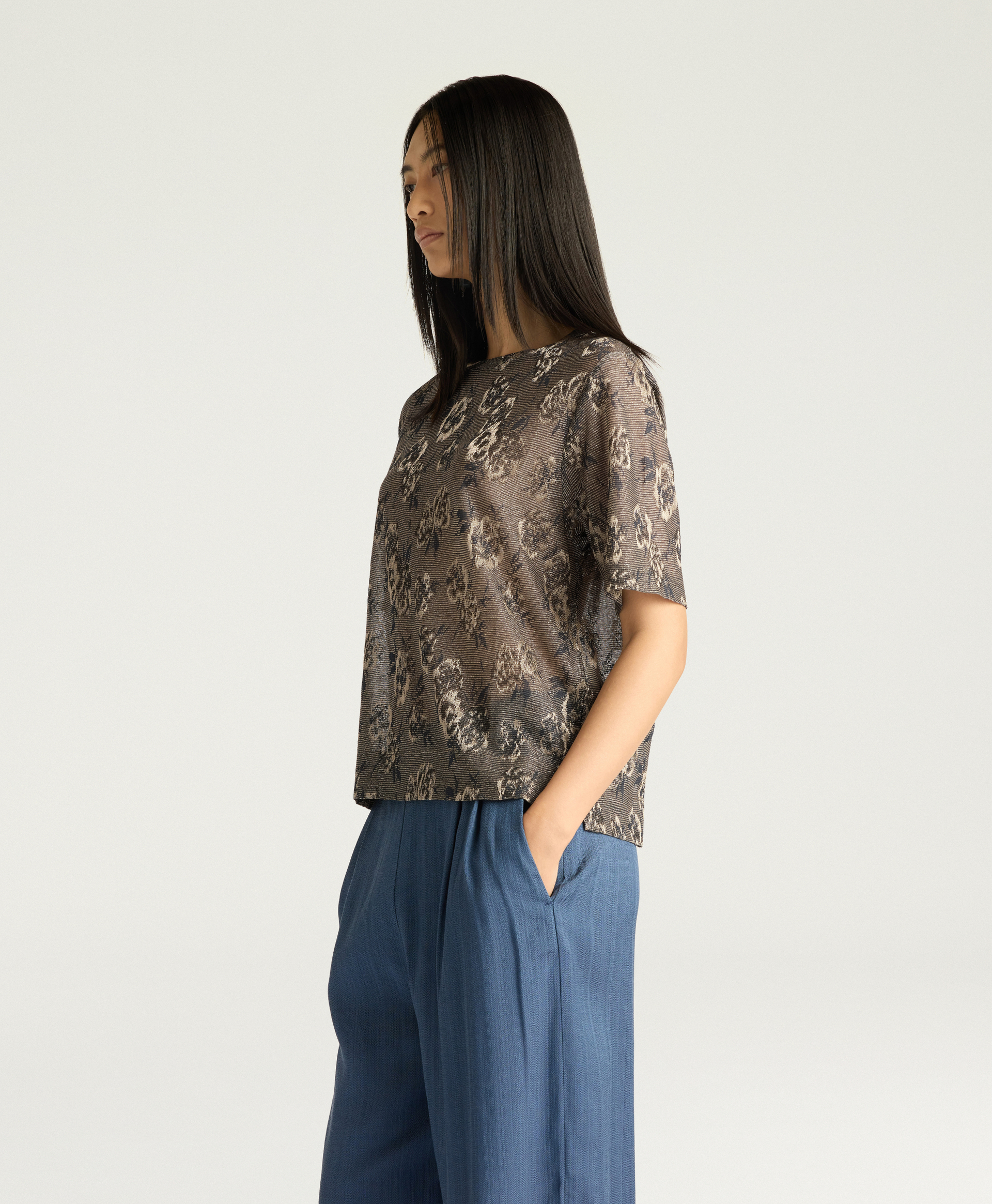 IORA T-SHIRT IN LUREX JACQUARD JERSEY - ARMY GREEN MULTICOLOR - Momonì