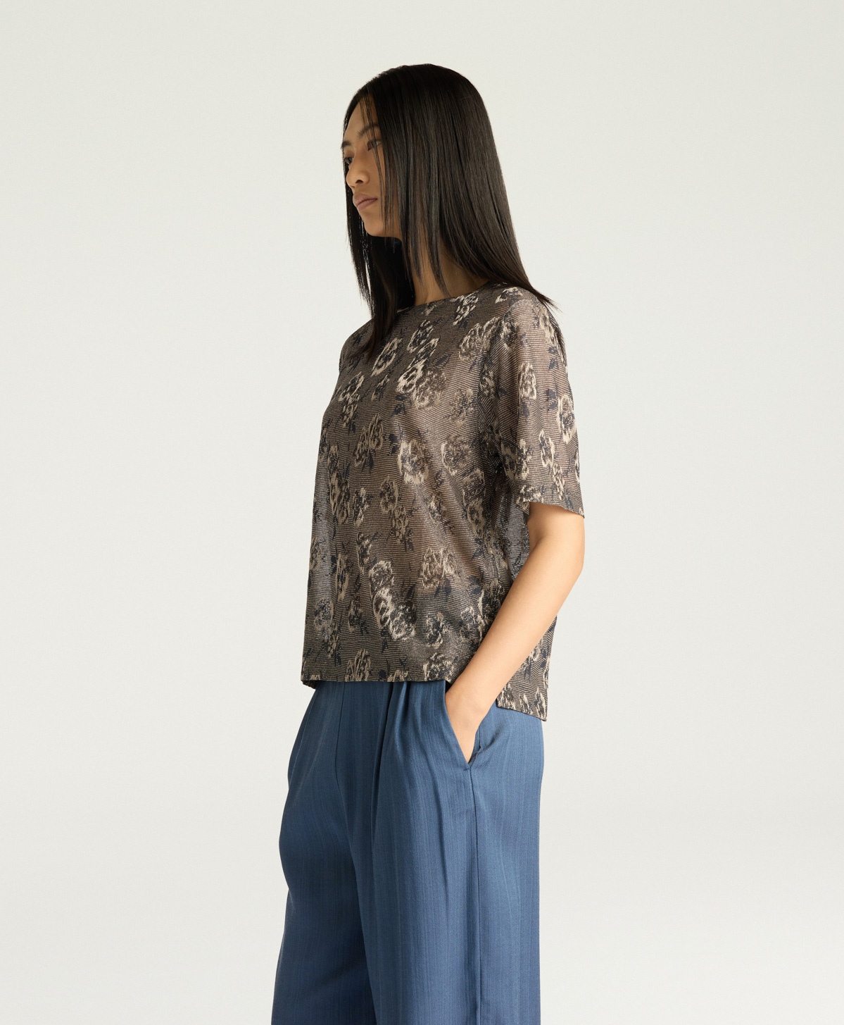 IORA T-SHIRT IN LUREX JACQUARD JERSEY - ARMY GREEN MULTICOLOR - Momonì