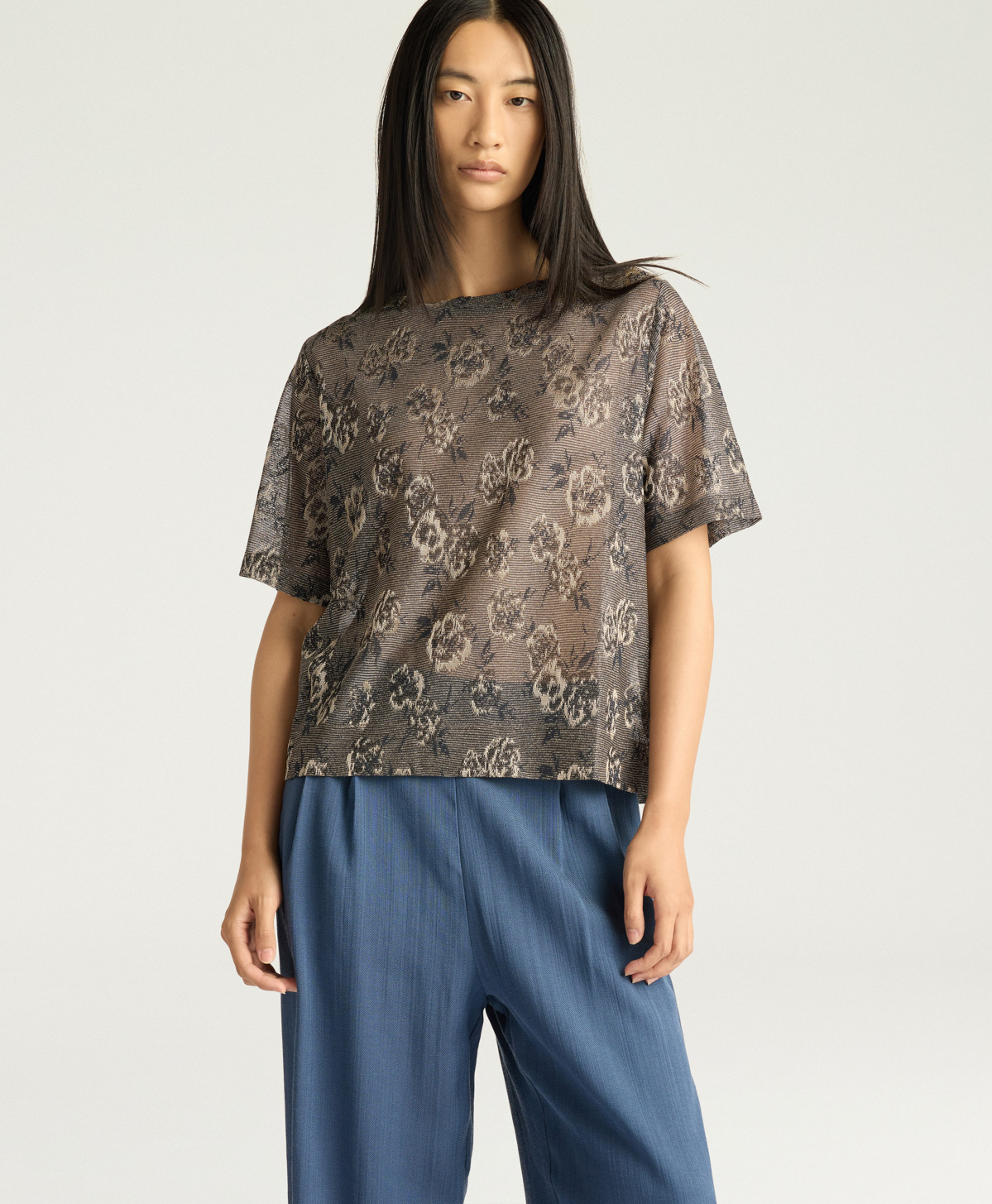 IORA T-SHIRT IN LUREX JACQUARD JERSEY - ARMY GREEN MULTICOLOR - Momonì