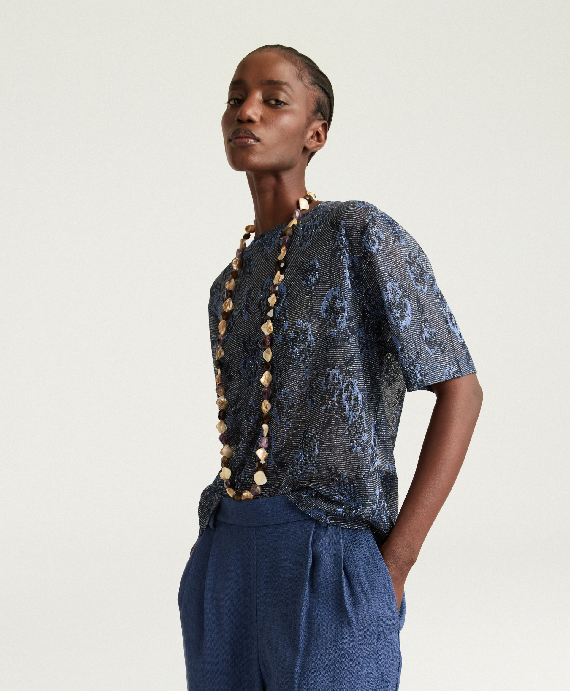IORA T-SHIRT IN LUREX JACQUARD JERSEY - BLUE MULTICOLOR - Clothing - Momonì
