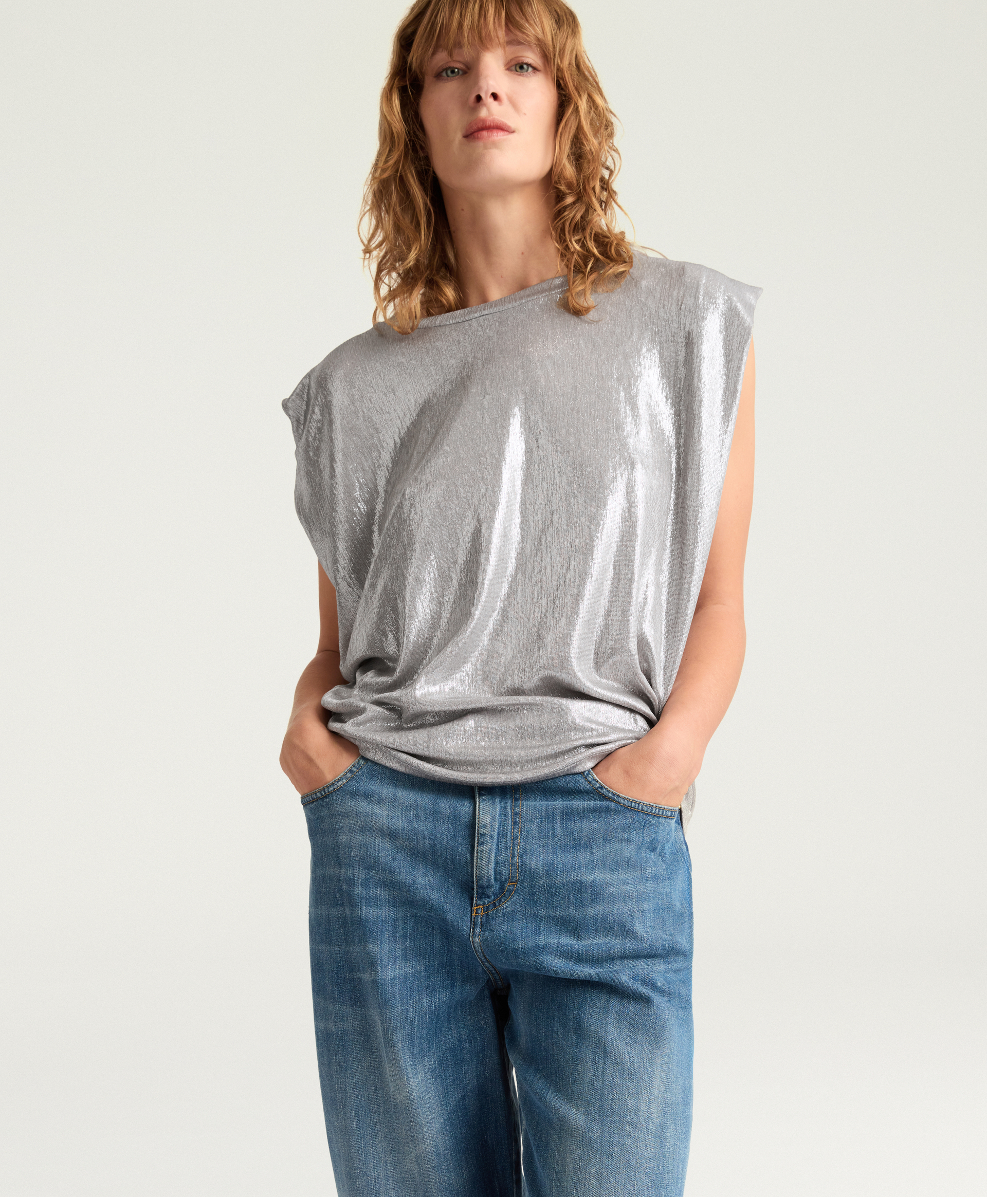 ENNA T-SHIRT IN LAMINATED JERSEY - SILVER - Momonì