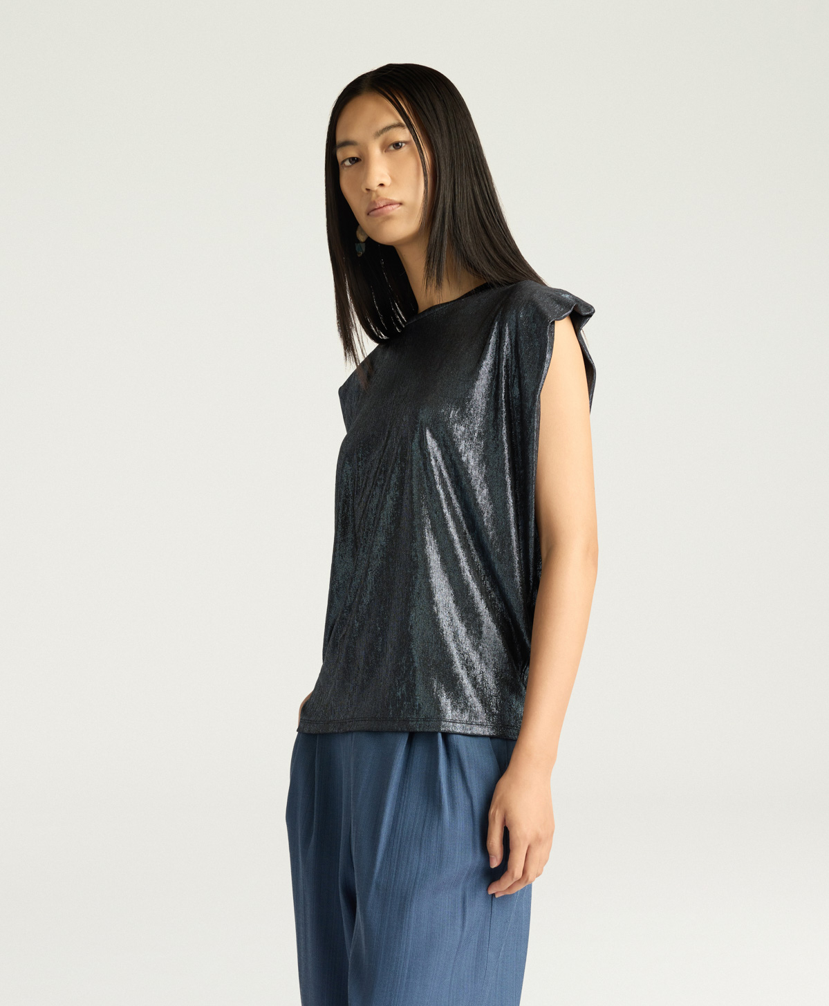 ENNA T-SHIRT IN LAMINATED JERSEY - PETROL BLUE - Momonì