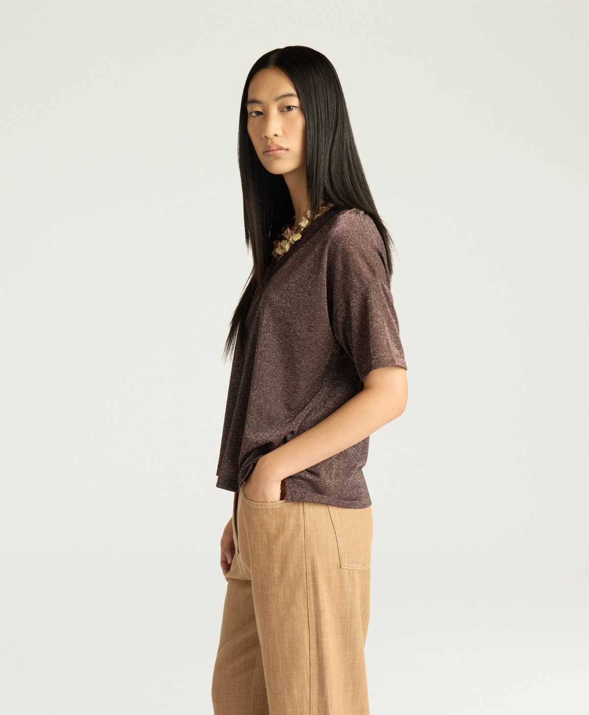 CAMISETA MILLIE DE PUNTO LÚREX COLOR LISO - COBRE - Momonì