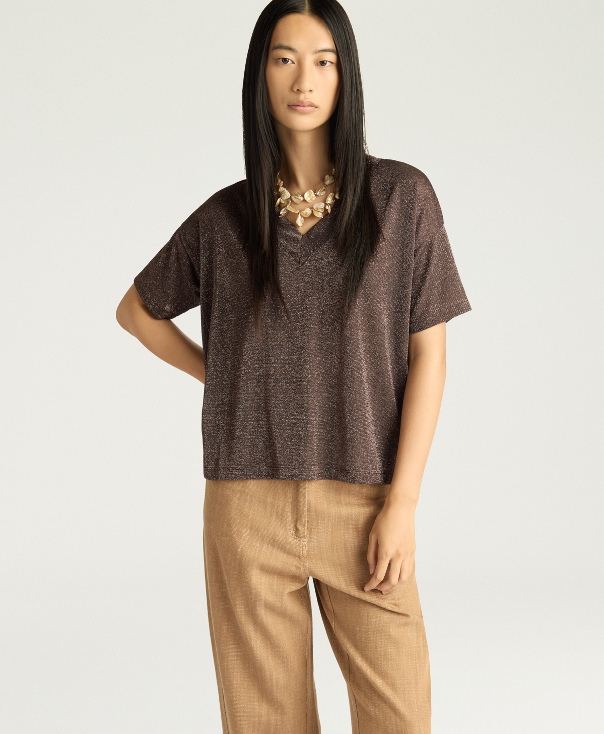 CAMISETA MILLIE DE PUNTO LÚREX COLOR LISO - COBRE - Momonì
