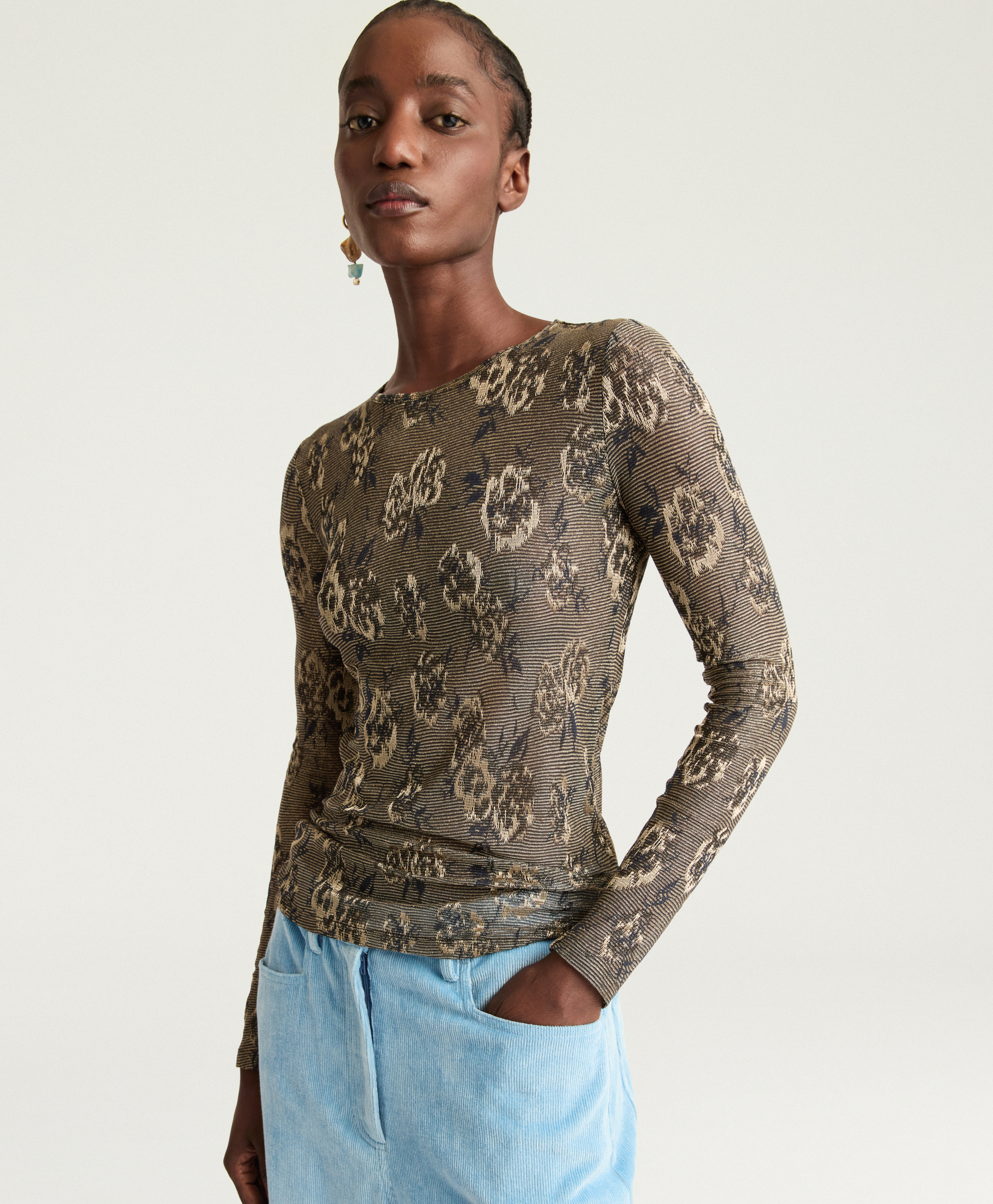 WAINA T-SHIRT IN LUREX JACQUARD JERSEY - ARMY GREEN MULTICOLOR - Momonì
