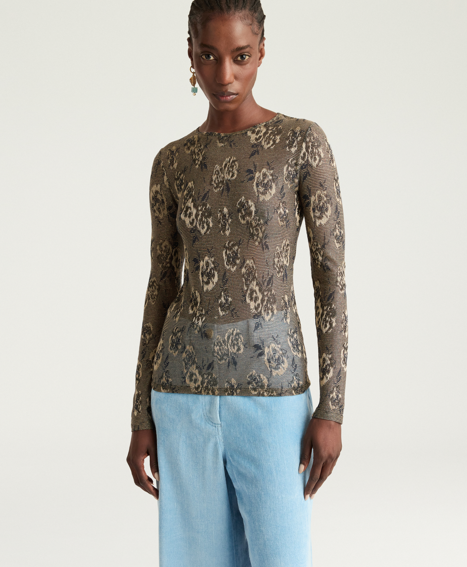 WAINA T-SHIRT IN LUREX JACQUARD JERSEY - ARMY GREEN MULTICOLOR - Momonì