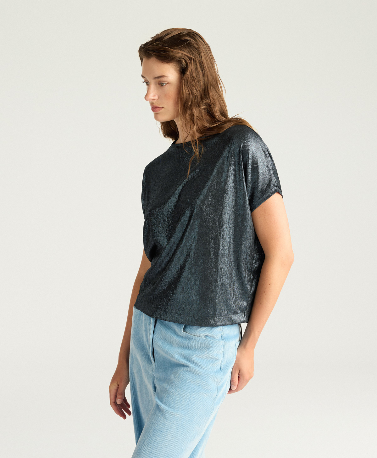 T-SHIRT IVY EN JERSEY LAMINÉ - BLEU PÉTROLE - Momonì