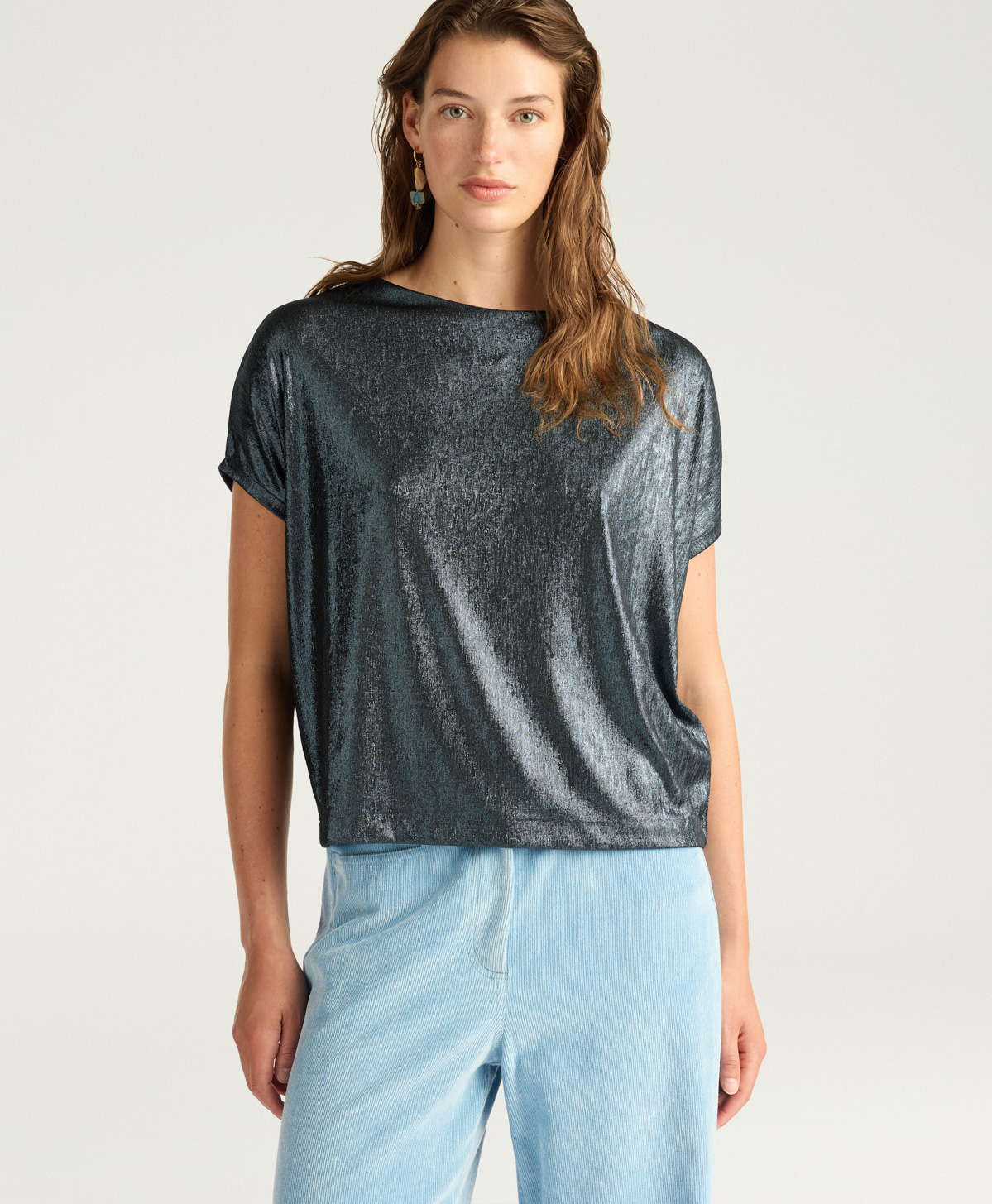 T-SHIRT IVY EN JERSEY LAMINÉ - BLEU PÉTROLE - Momonì