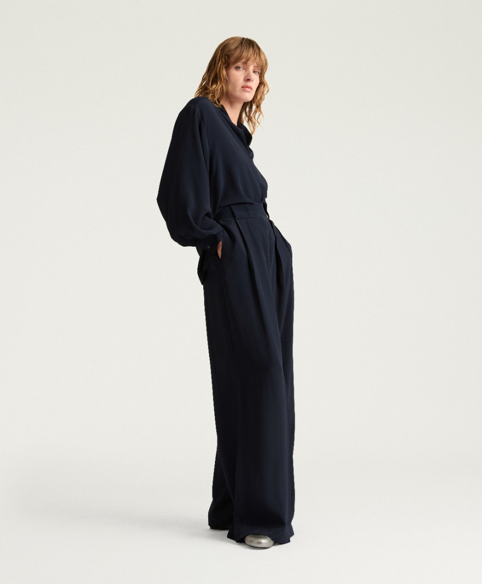 PANTALON ASPEN EN ACÉTATE/SOIE UNIE - BLEU - Momonì