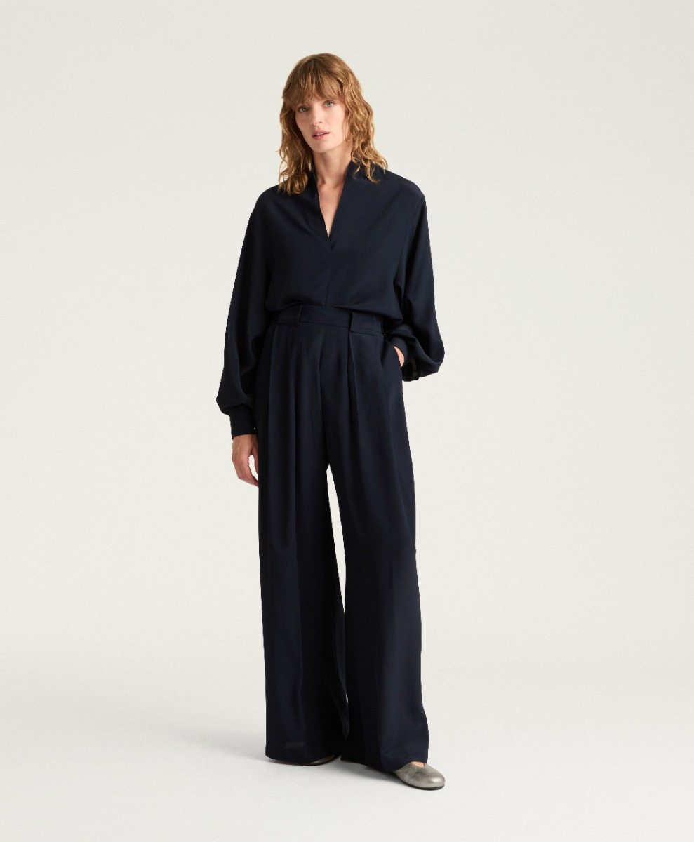 PANTALON ASPEN EN ACÉTATE/SOIE UNIE - BLEU - Momonì