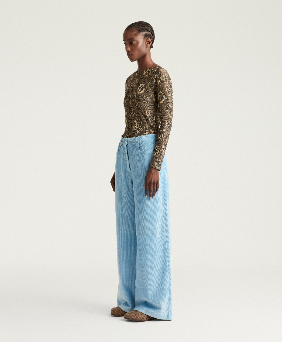 PANTALON PETER EN VELOURS  À CÔTES STRETCH - BLEU ACIER - Momonì