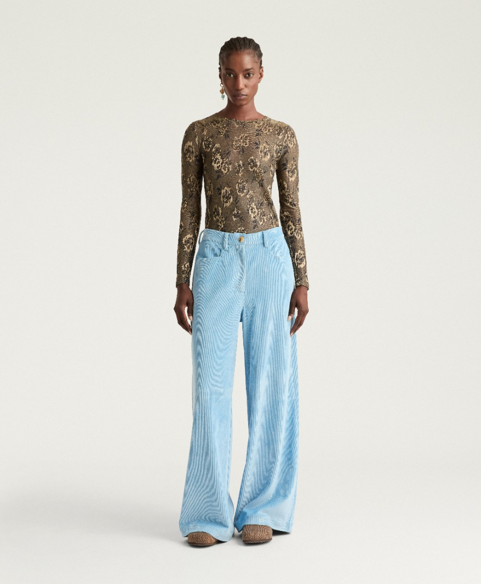 PANTALON PETER EN VELOURS  À CÔTES STRETCH - BLEU ACIER - Momonì