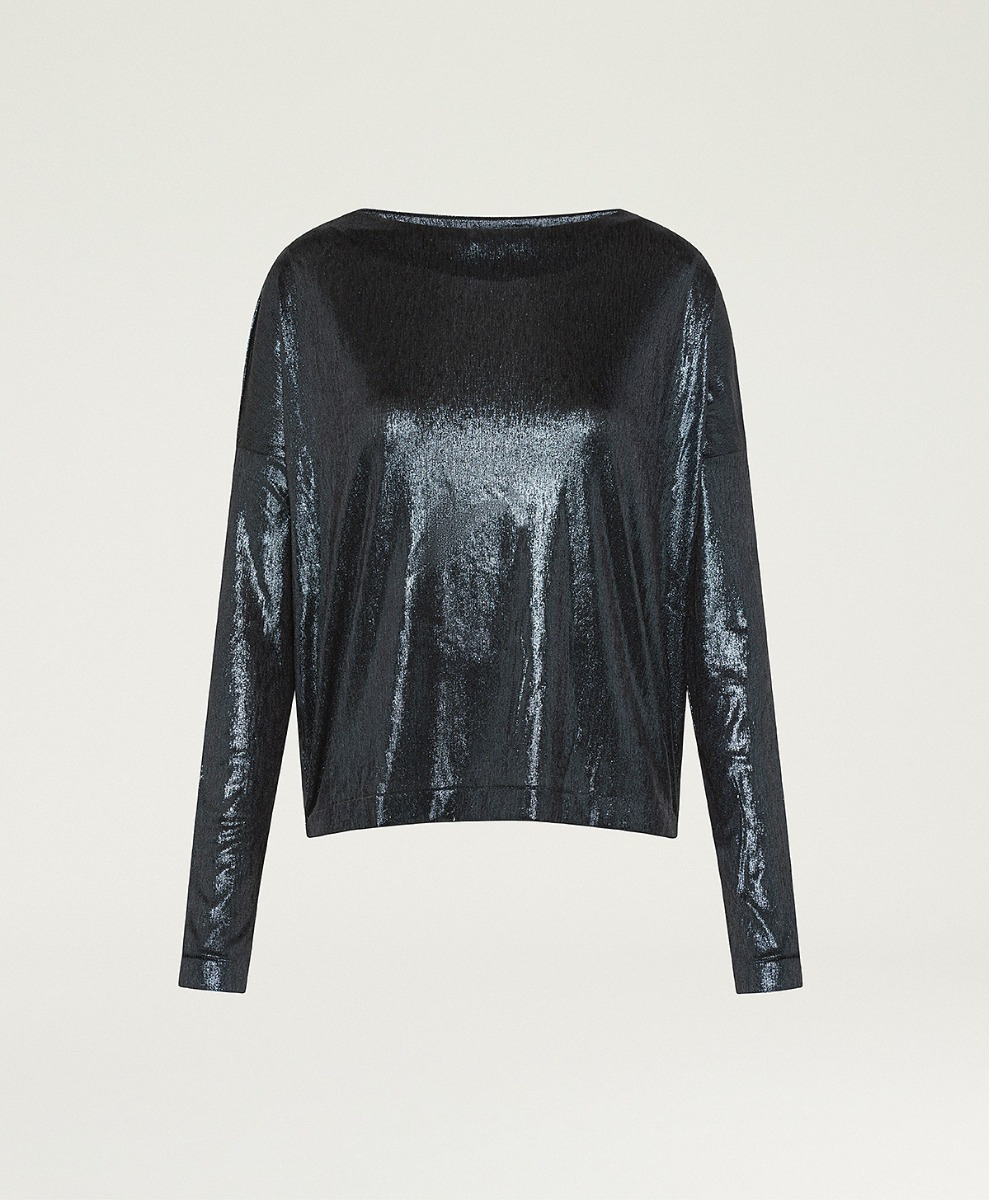 MIA T-SHIRT IN LAMINATED JERSEY - PETROL BLUE - Momonì