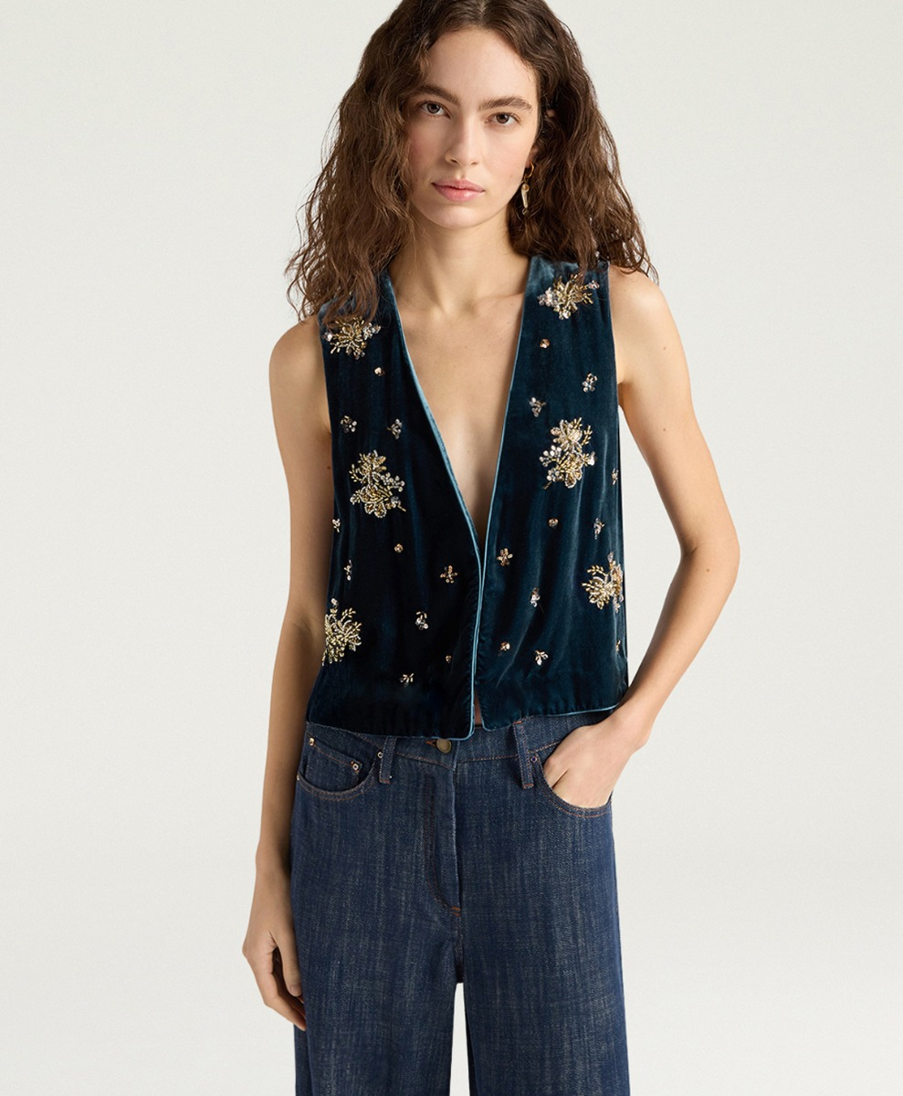 LOGE GILET IN EMBROIDERED VELVET - TEAL - Momonì