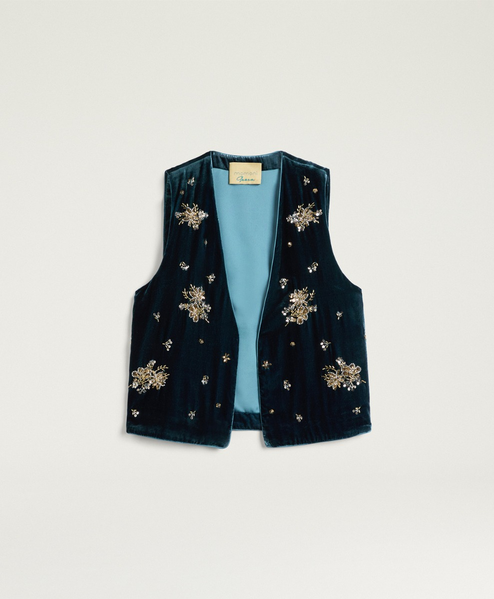 LOGE GILET IN EMBROIDERED VELVET - TEAL - Momonì