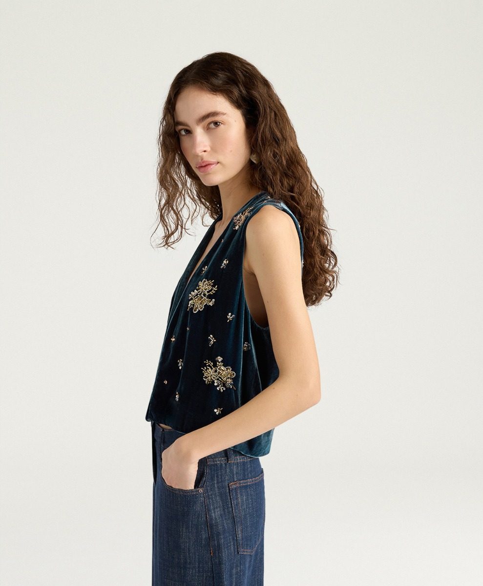 LOGE GILET IN EMBROIDERED VELVET - TEAL - Momonì
