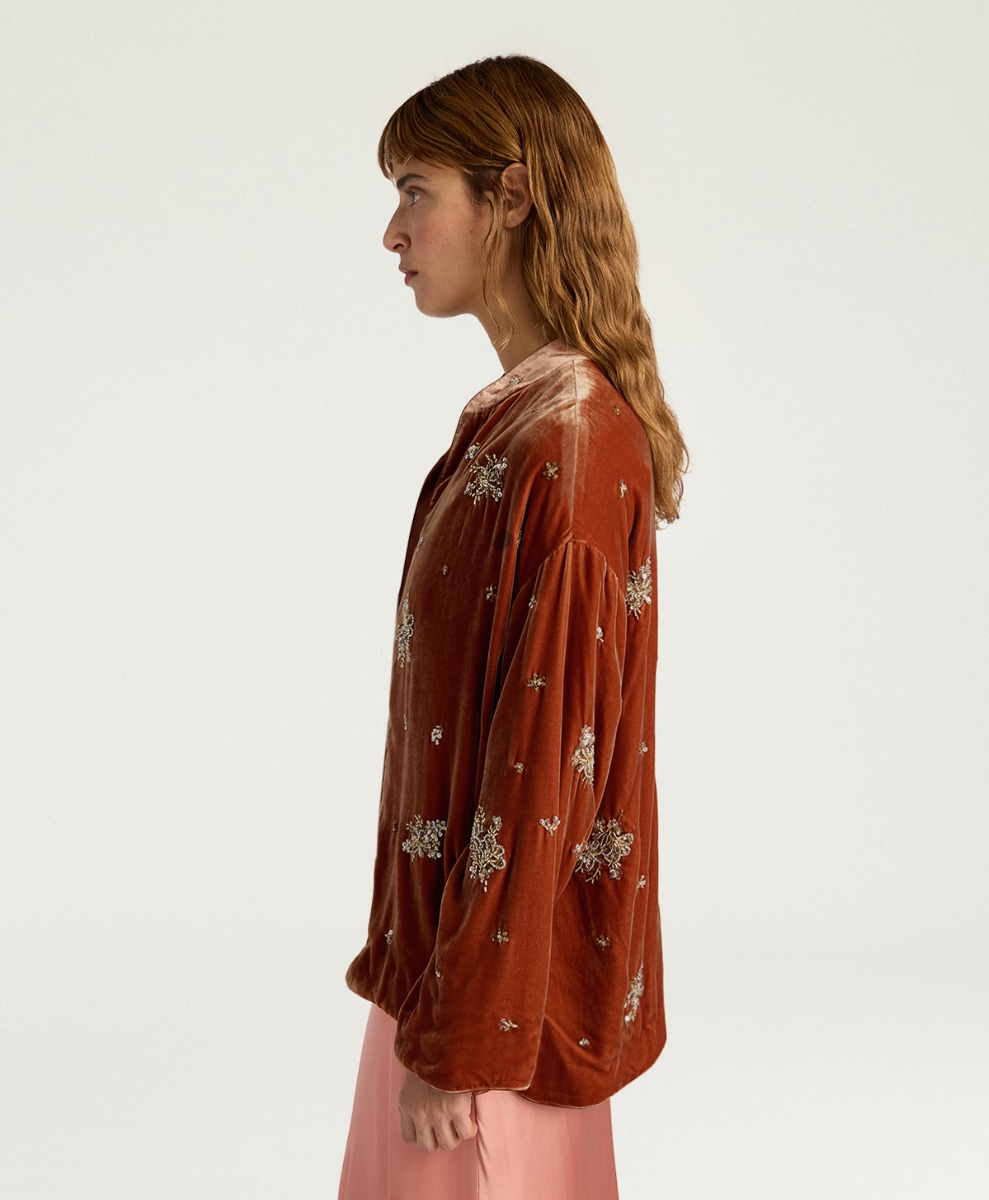OPERA JACKET IN EMBROIDERED VELVET - SALMON PINK - Momonì