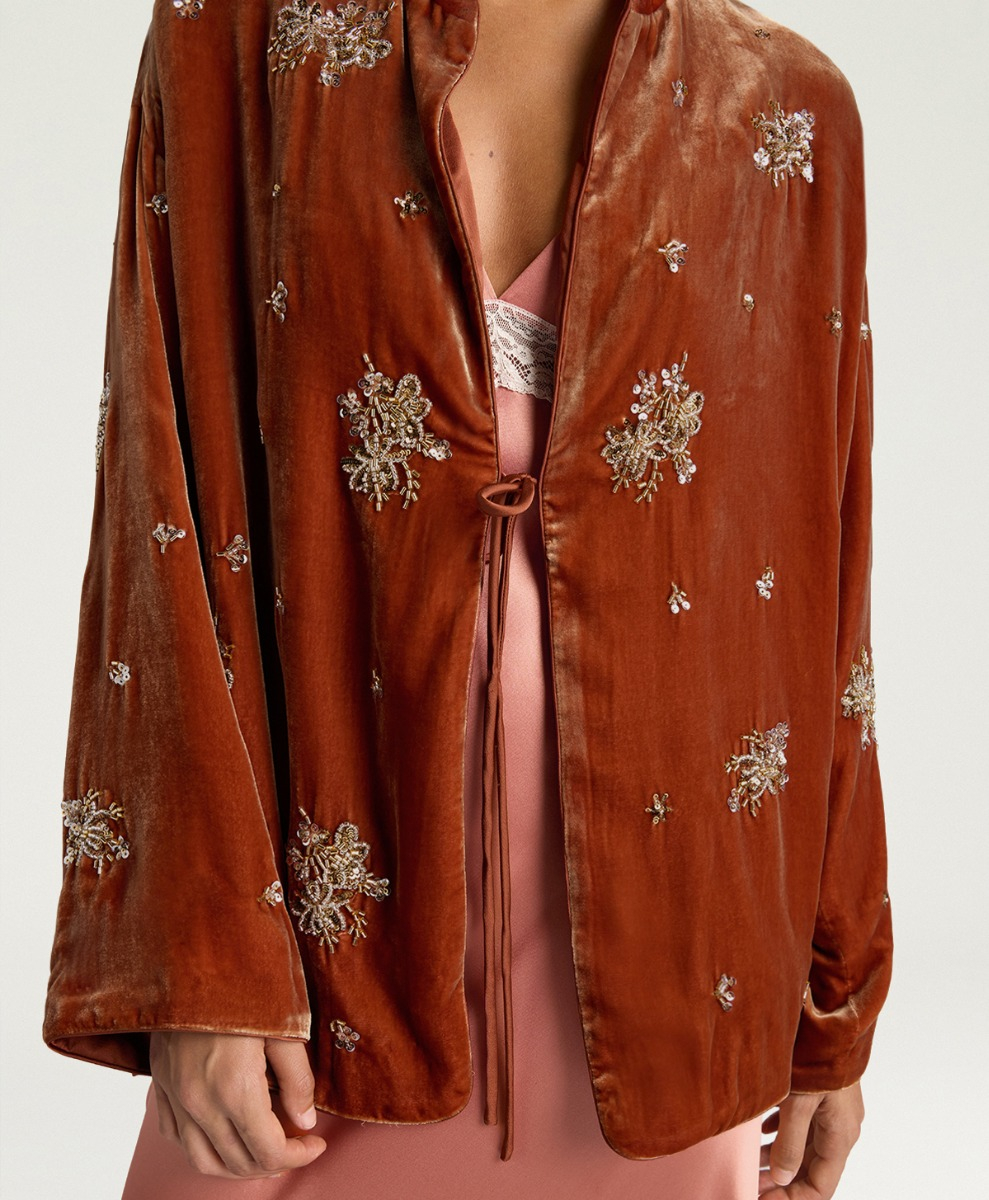 OPERA JACKET IN EMBROIDERED VELVET - SALMON PINK - Momonì
