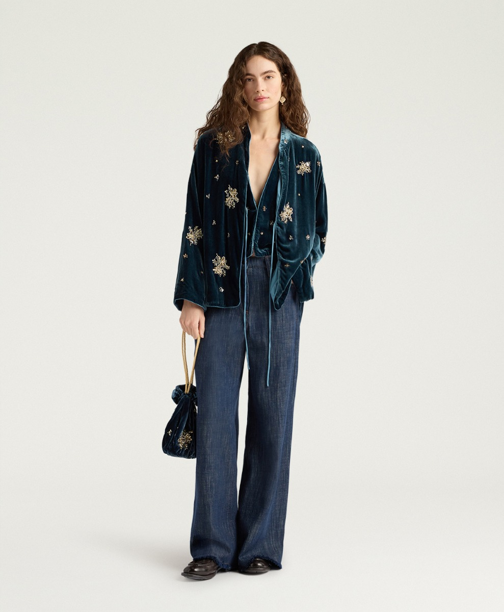 OPERA JACKET IN EMBROIDERED VELVET - TEAL - Momonì
