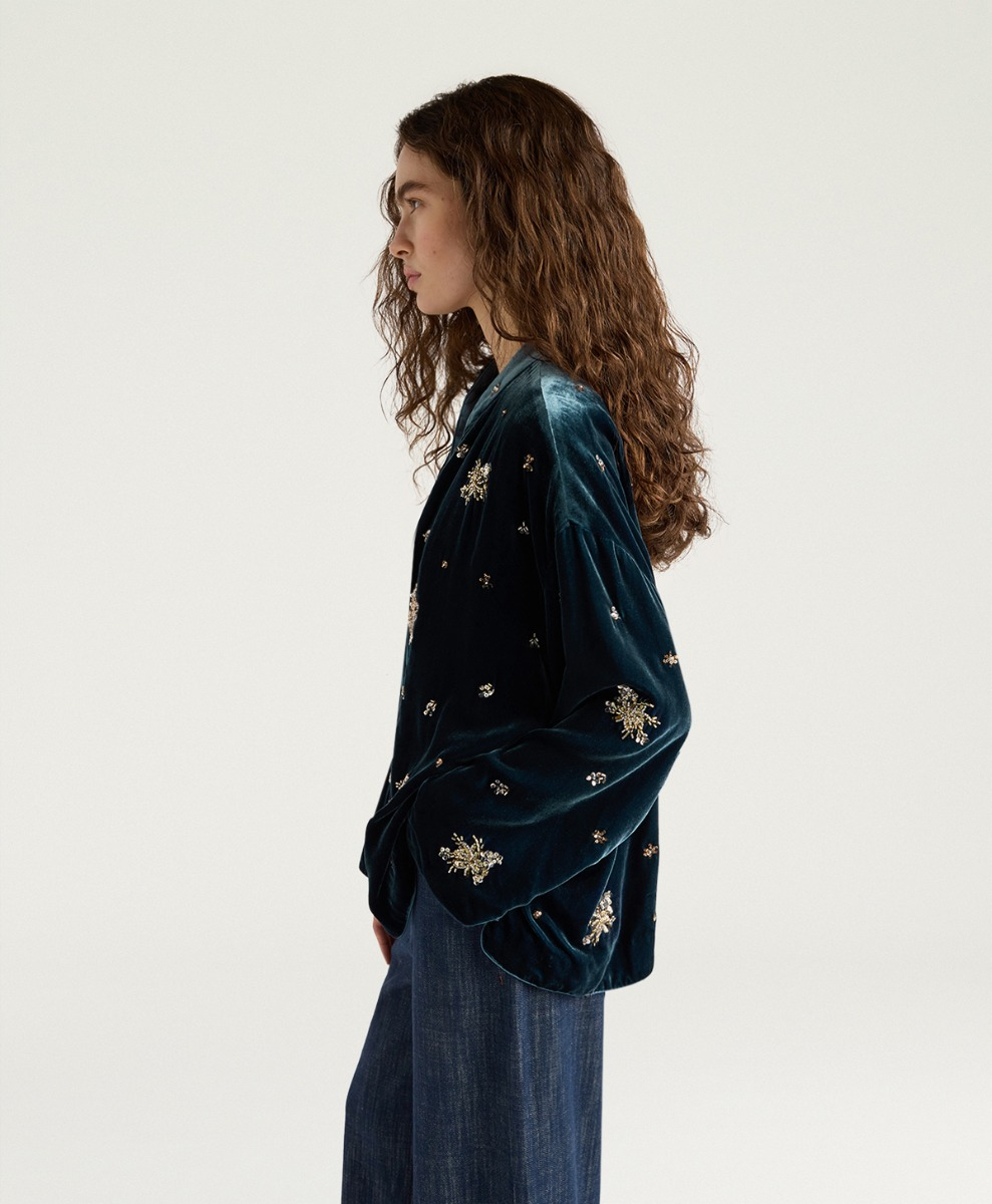 OPERA JACKET IN EMBROIDERED VELVET - TEAL - Momonì
