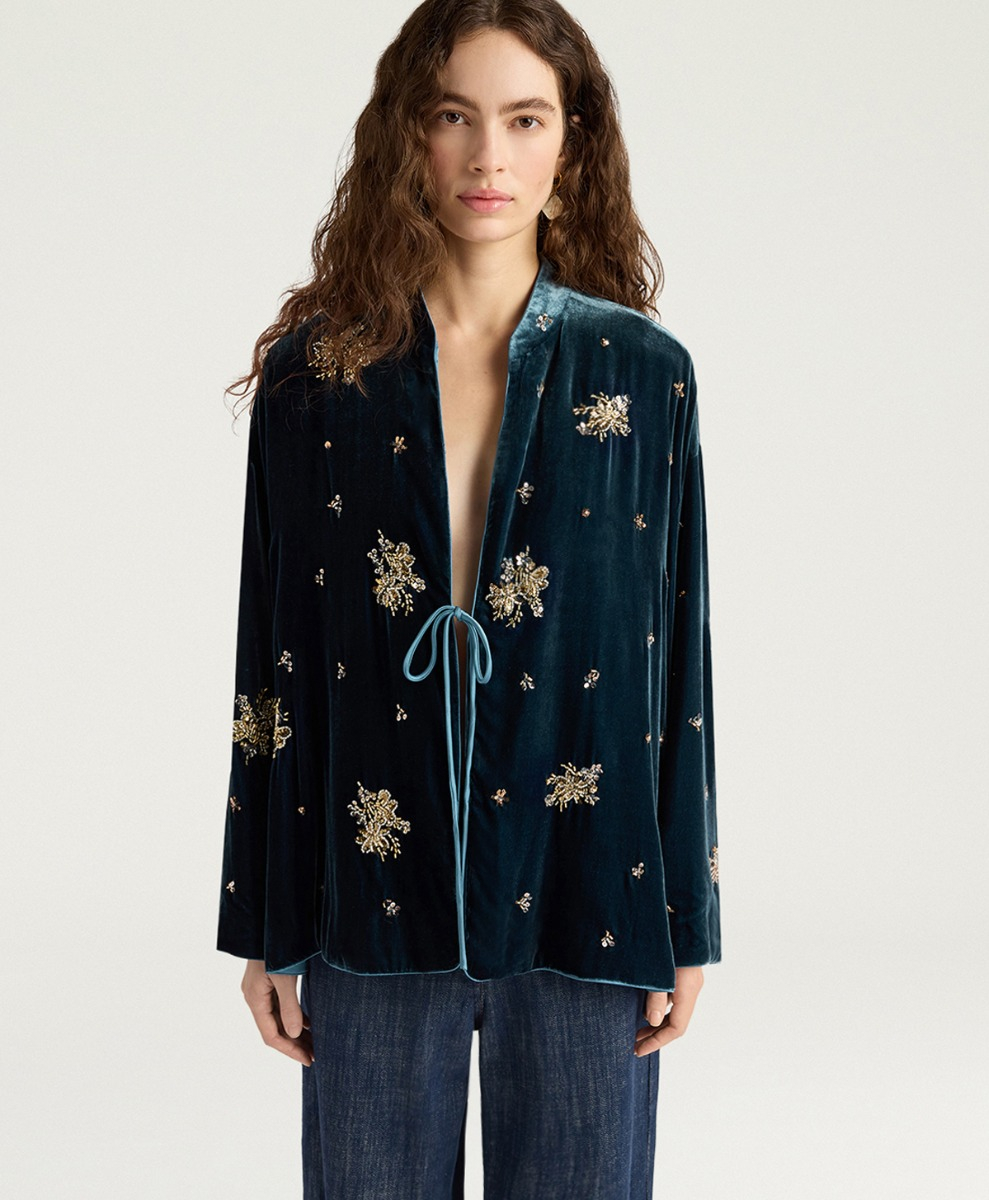 OPERA JACKET IN EMBROIDERED VELVET - TEAL - Momonì