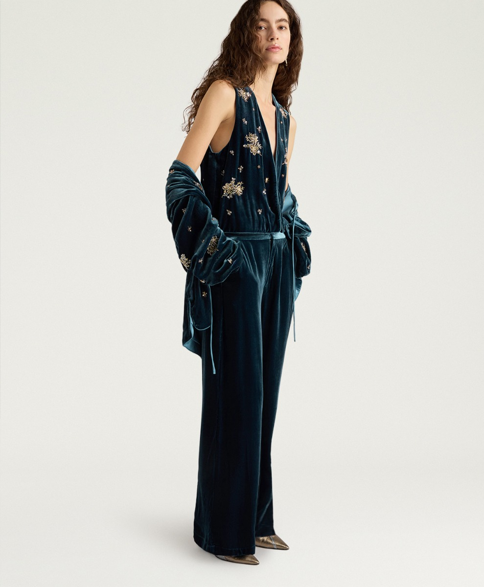 FENICE PANTS IN SMOOTH VELVET - TEAL - Momonì