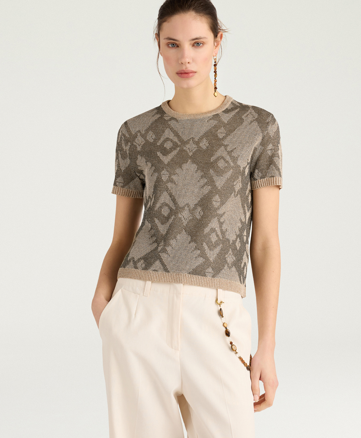 Front View - BRUMA T-SHIRT IN JACQUARD - GREEN MULTICOLOR