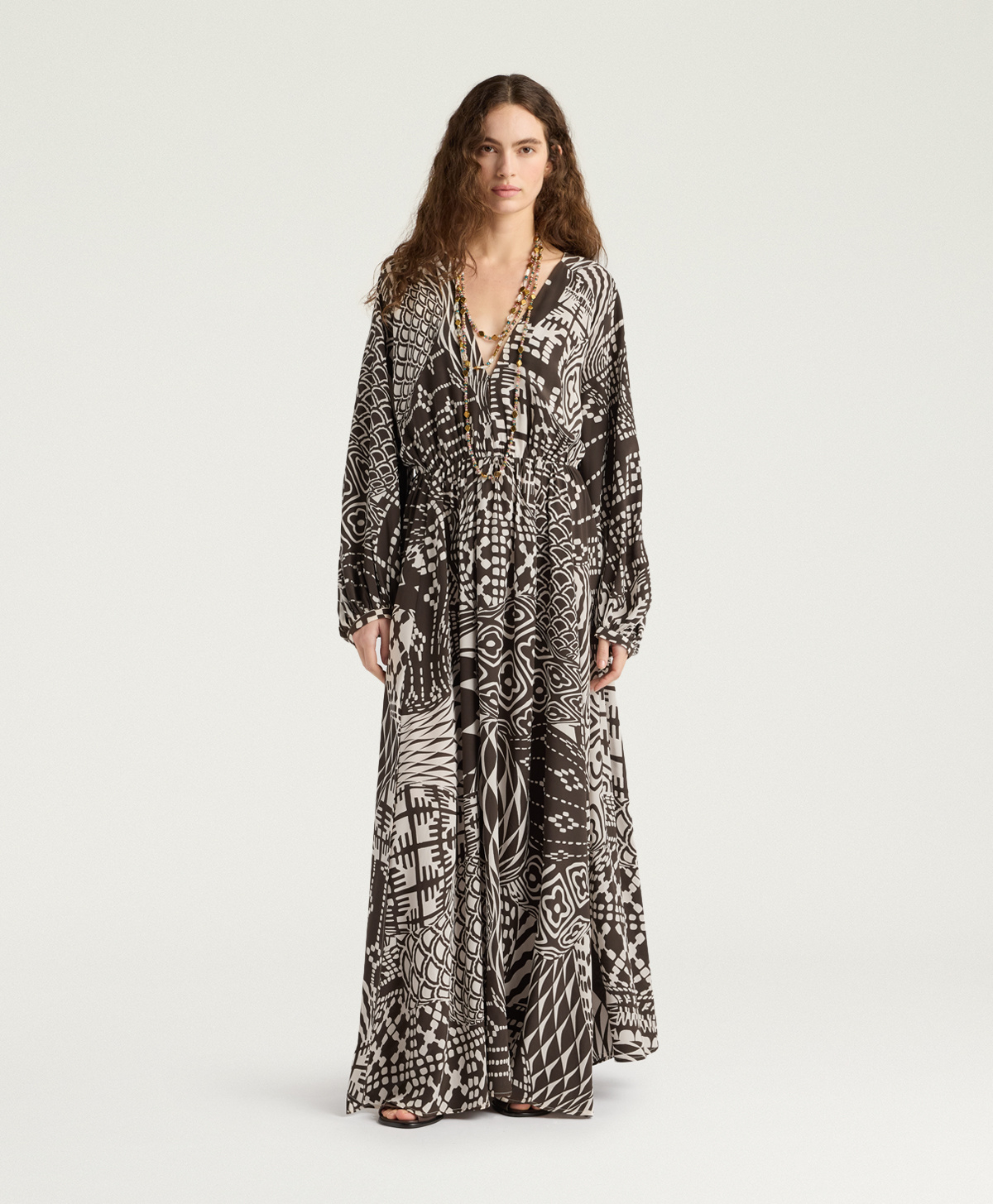 VESTITO FRANCISCO IN CREPE DE CHINE ALL-OVER - PANNA/CACAO - Clothing - Momonì