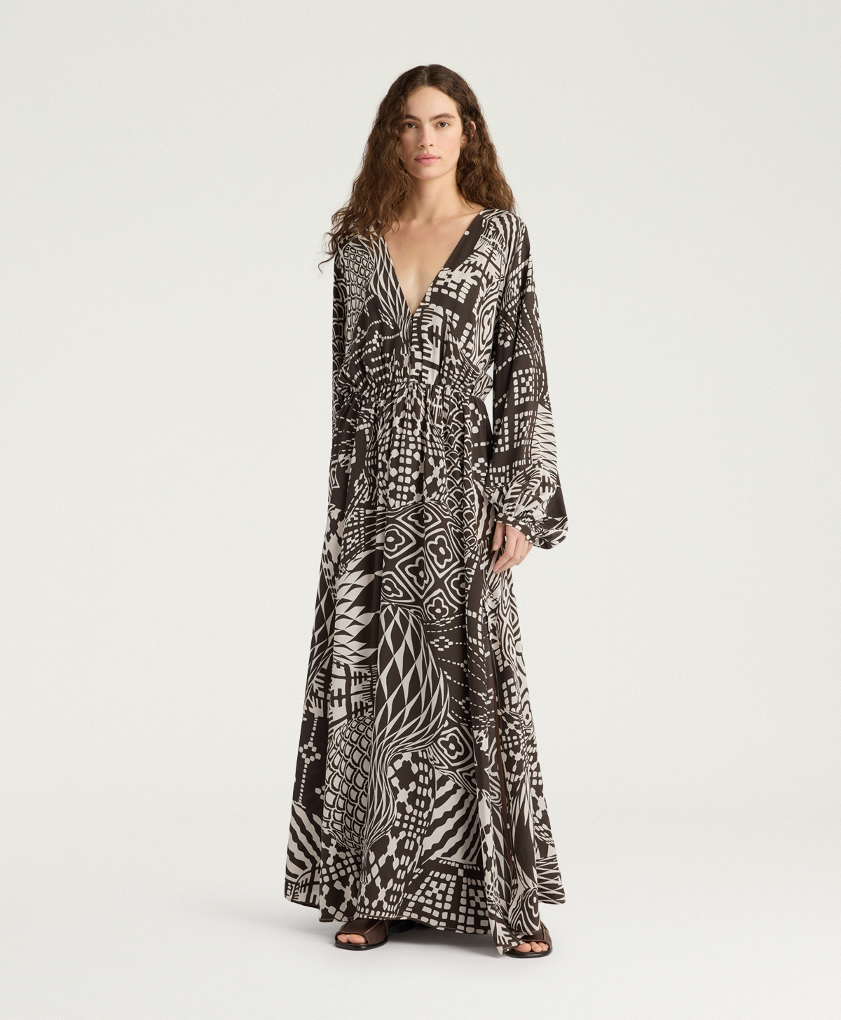 VESTITO FRANCISCO IN CREPE DE CHINE ALL-OVER - PANNA/CACAO - Momonì