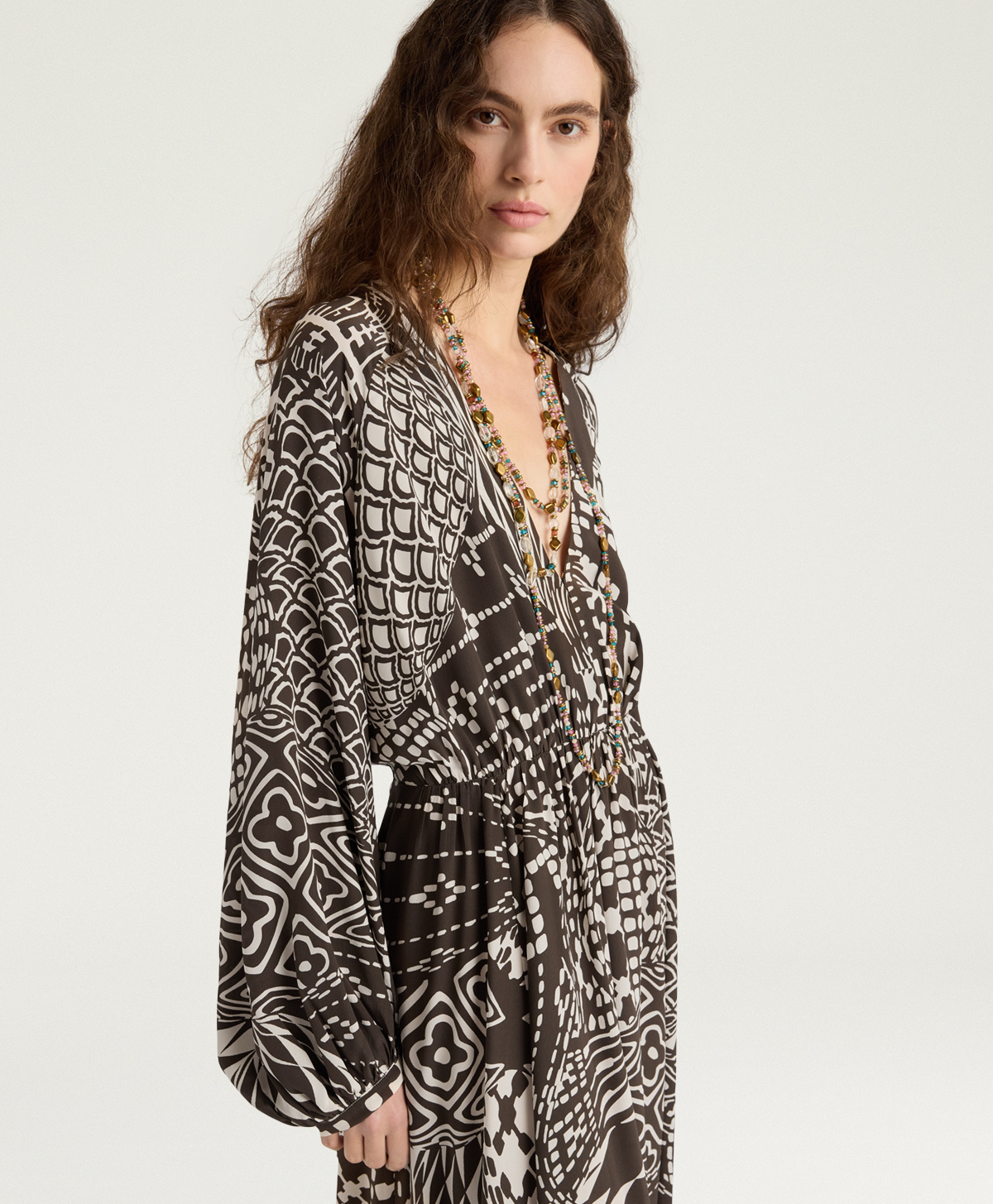 VESTITO FRANCISCO IN CREPE DE CHINE ALL-OVER - PANNA/CACAO - Momonì