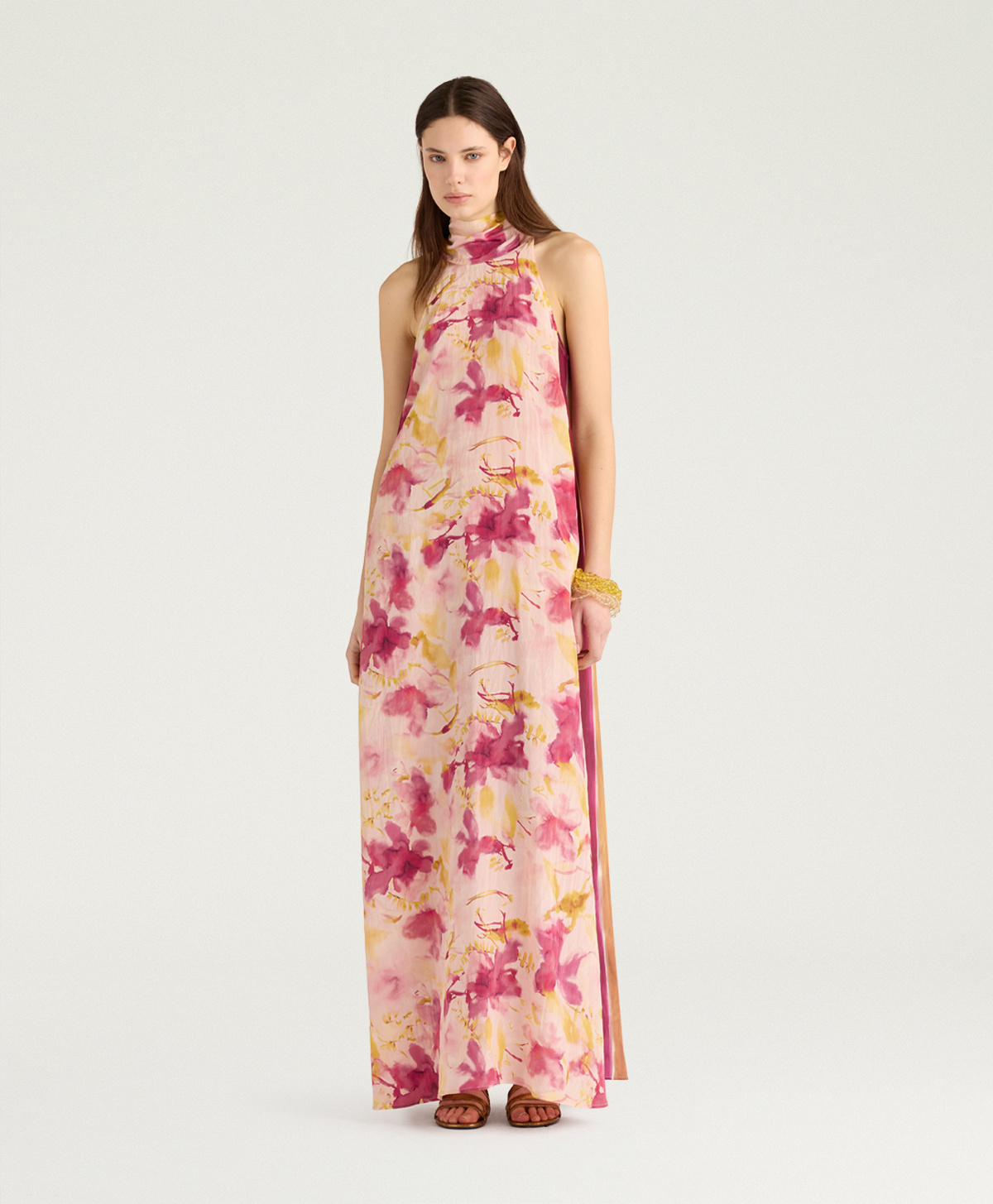 Front View - DESPIERTA DRESS IN PLACED PRINTED VISCOSE - PINK MULTICOLOR