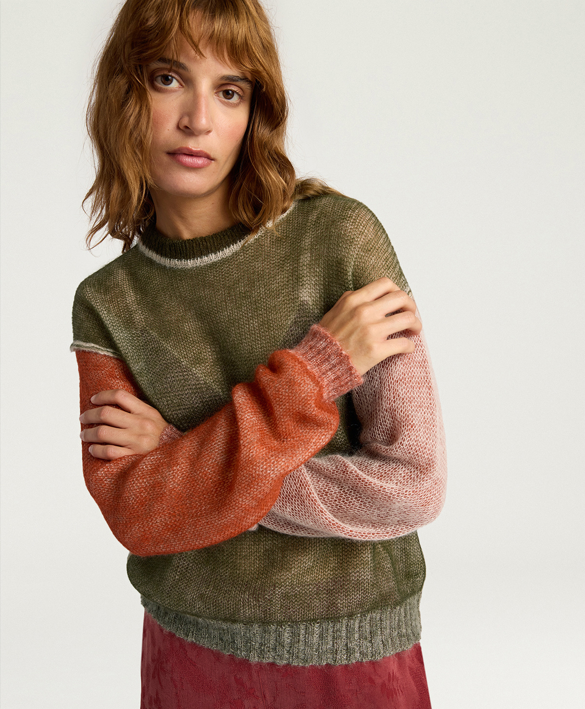 ALMA SWEATER IN COLOUR-BLOCK VANISÉ - GREEN/ORANGE/CREAM - Momonì