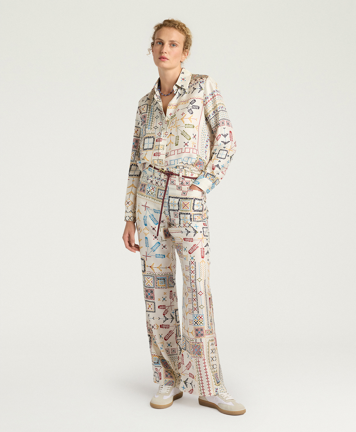 PANTALONI ORTIZ IN TWILL DI SETA STAMPATO - MULTICOLOR PANNA - Momonì