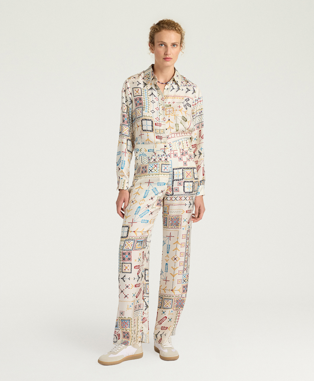 PANTALONI ORTIZ IN TWILL DI SETA STAMPATO - MULTICOLOR PANNA - Momonì