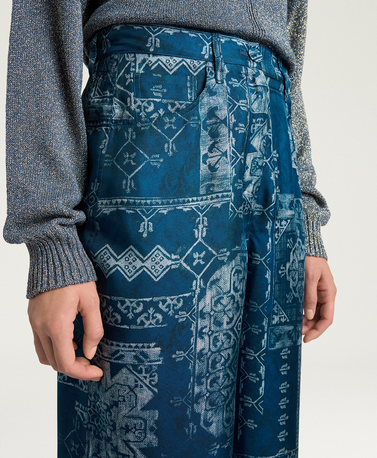 PANTALONI ORTIZ IN TWILL DI SETA STAMPATO - INCHIOSTO/AZZURRO - Momonì