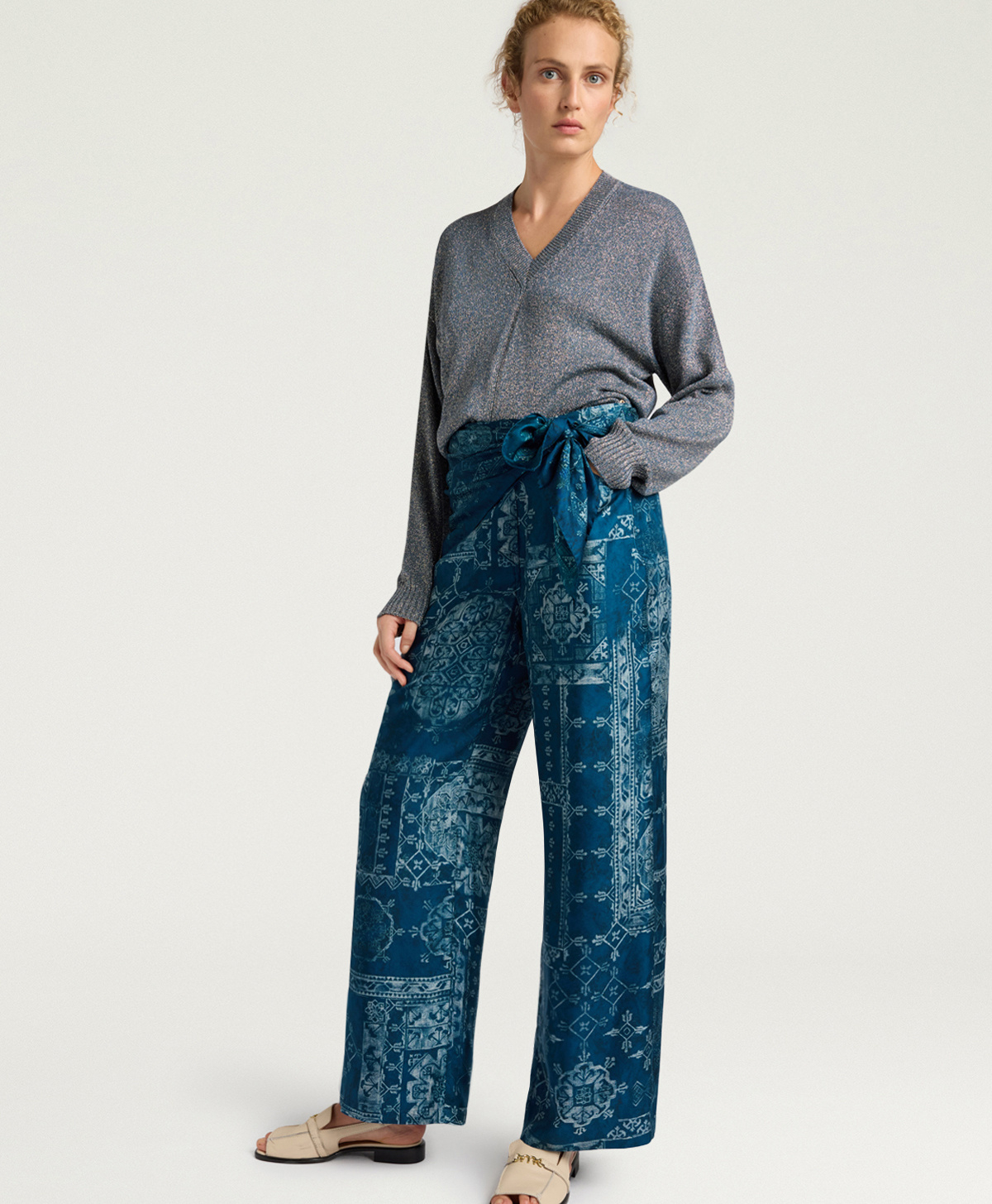 PANTALONI ORTIZ IN TWILL DI SETA STAMPATO - INCHIOSTO/AZZURRO - Momonì