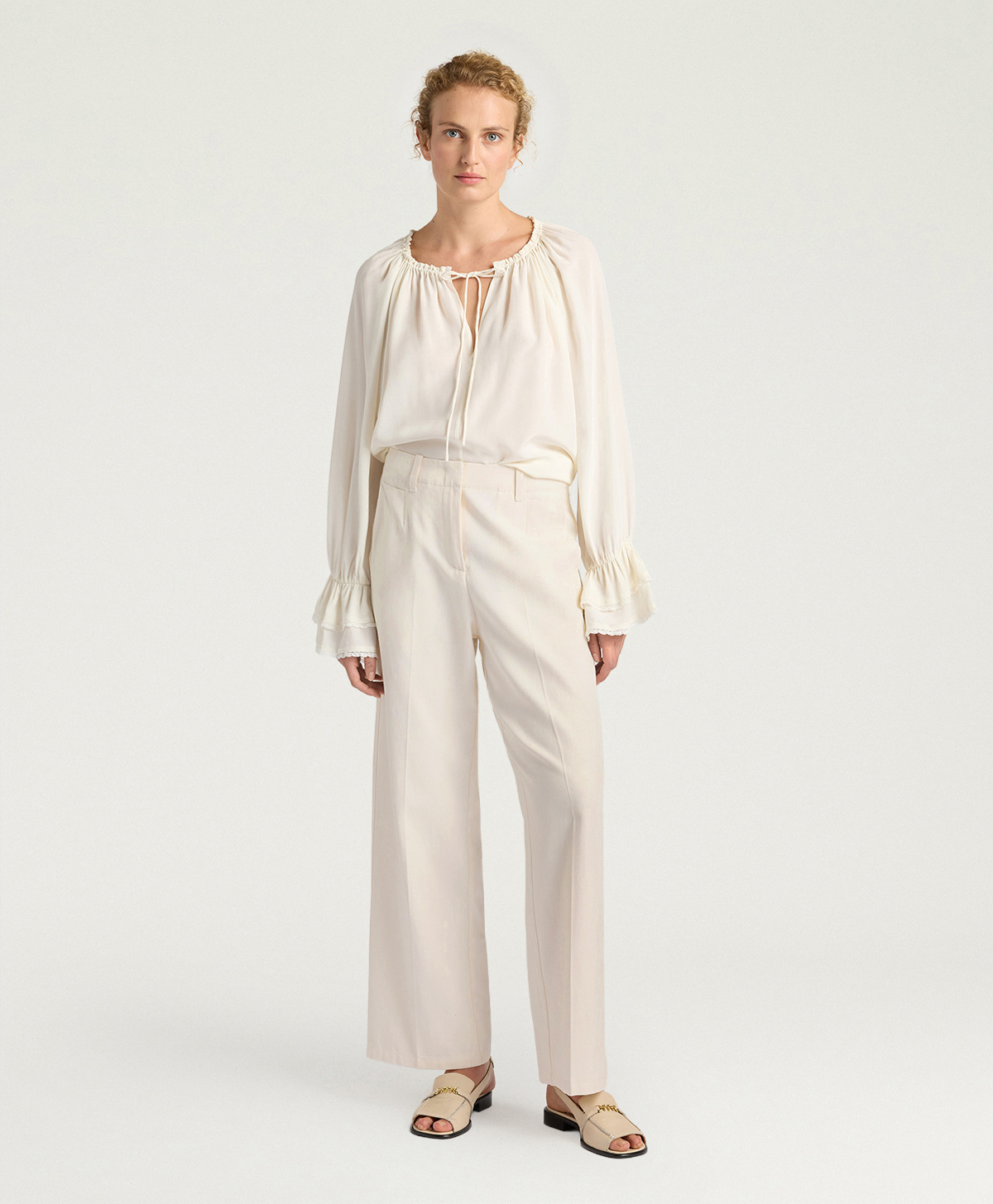 LEON PANTS IIN SOLID COLOUR CHEVRON VISCOSE/COTTON - CREAM - Clothing - Momonì