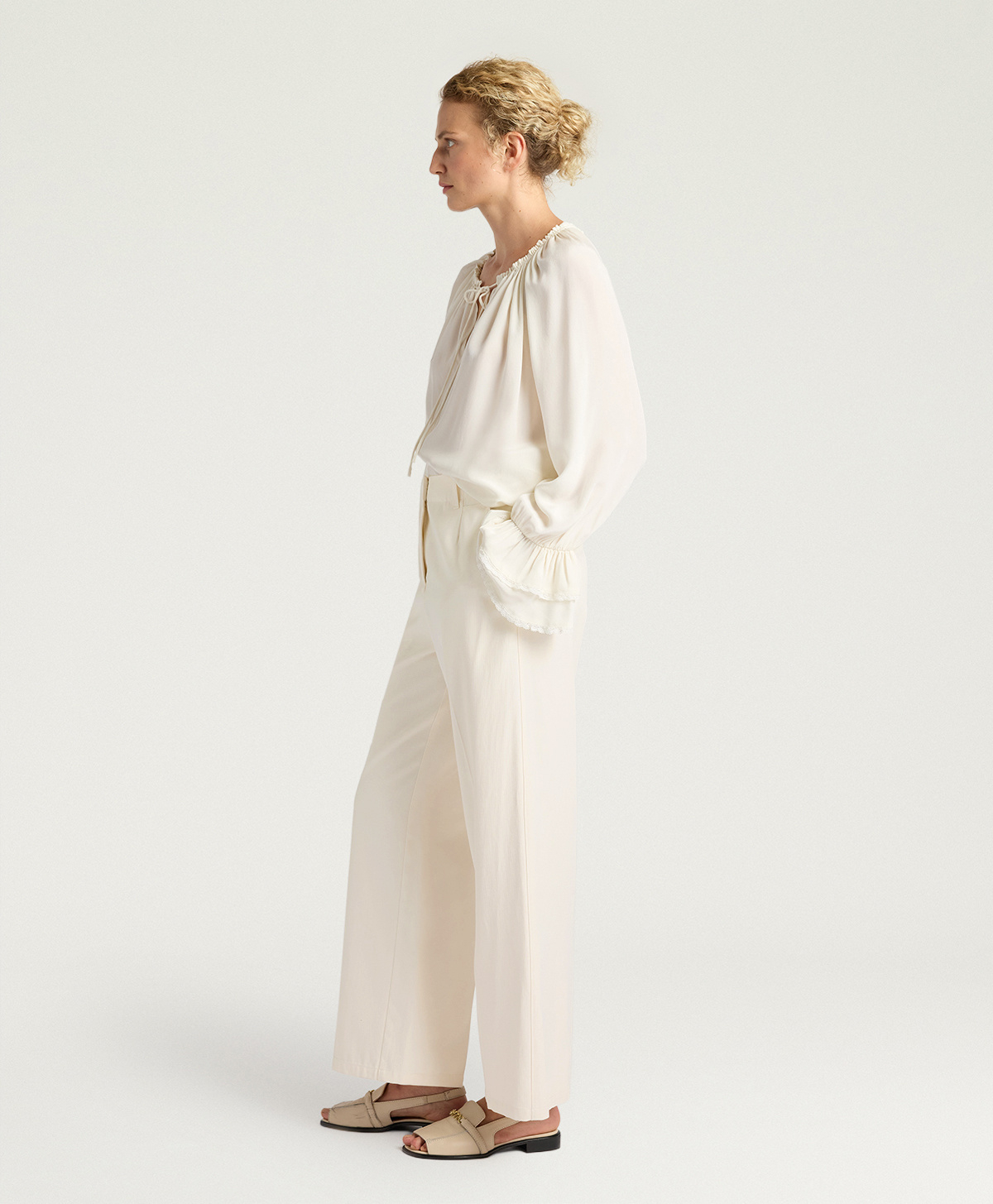 LEON PANTS IIN SOLID COLOUR CHEVRON VISCOSE/COTTON - CREAM - Momonì