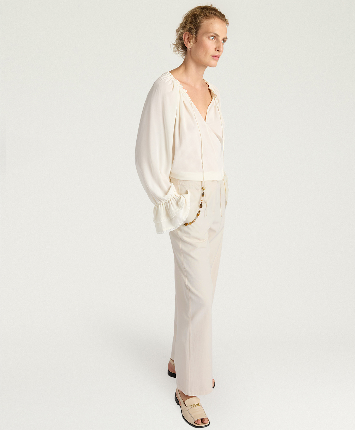 LEON PANTS IIN SOLID COLOUR CHEVRON VISCOSE/COTTON - CREAM - Momonì