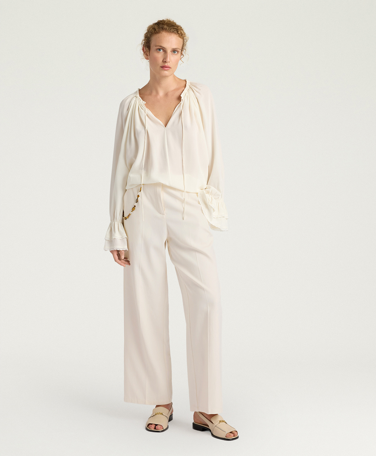 LEON PANTS IIN SOLID COLOUR CHEVRON VISCOSE/COTTON - CREAM - Momonì