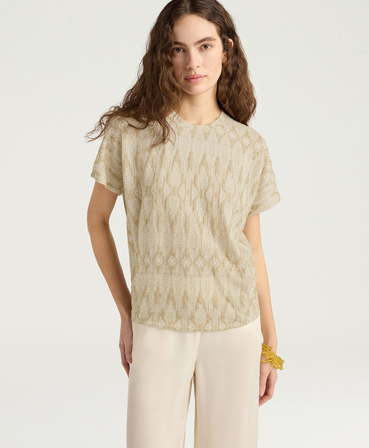 PAWA T-SHIRT IN JACQUARD JERSEY WITH LUREX - BEIGE/GOLD - Clothing - Momonì