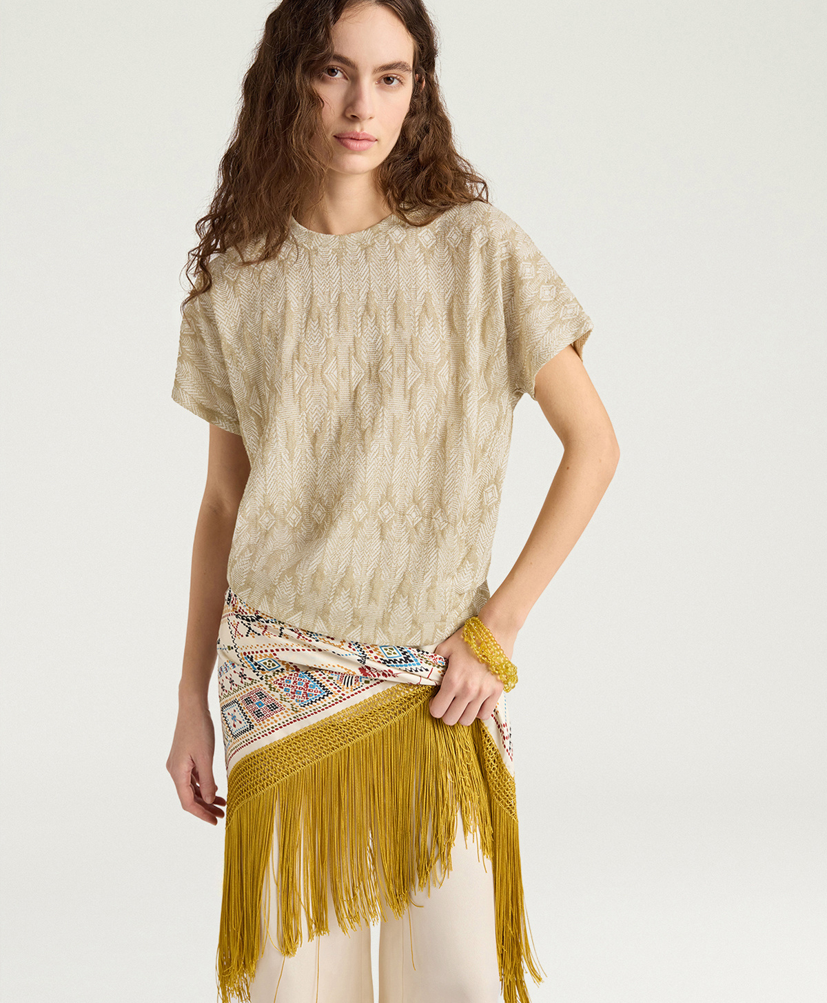 PAWA T-SHIRT IN JACQUARD JERSEY WITH LUREX - BEIGE/GOLD - Momonì