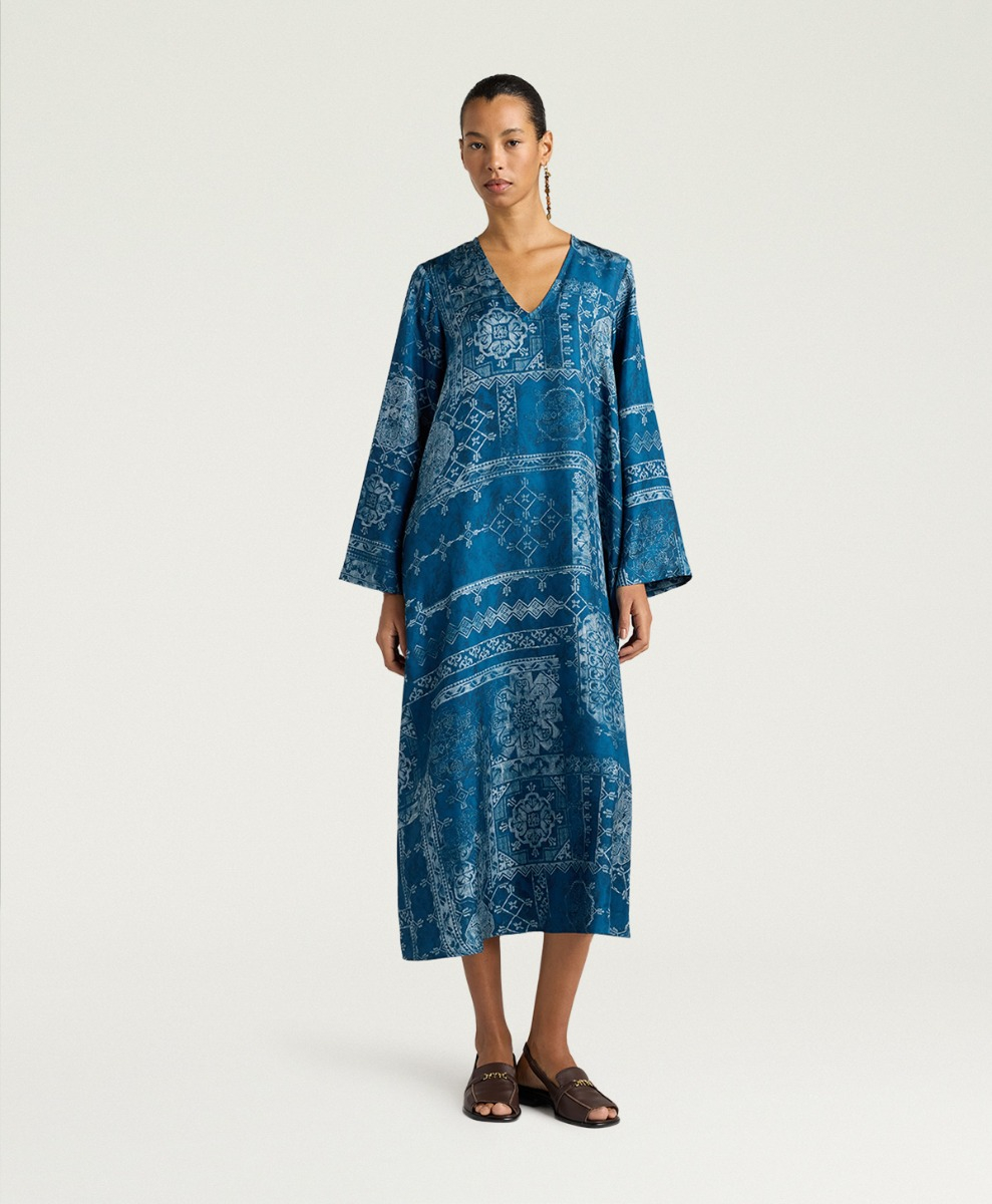 Back View - GARCIA DRESS IN PRINTED SILK TWILL - INK/BLUE