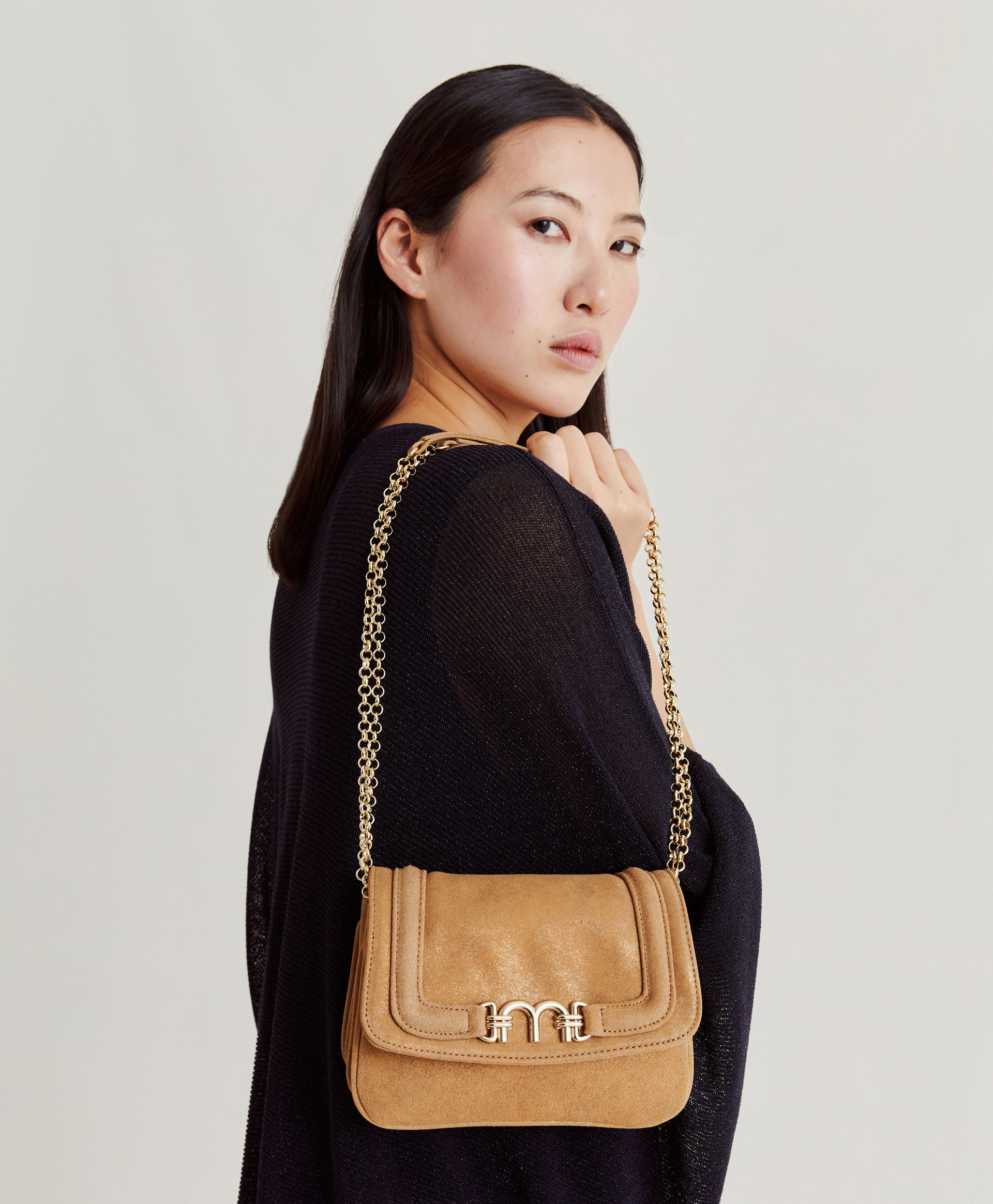 BORSA MIMI FLORE IN PELLE LAME' - CARAMELLO - Momonì